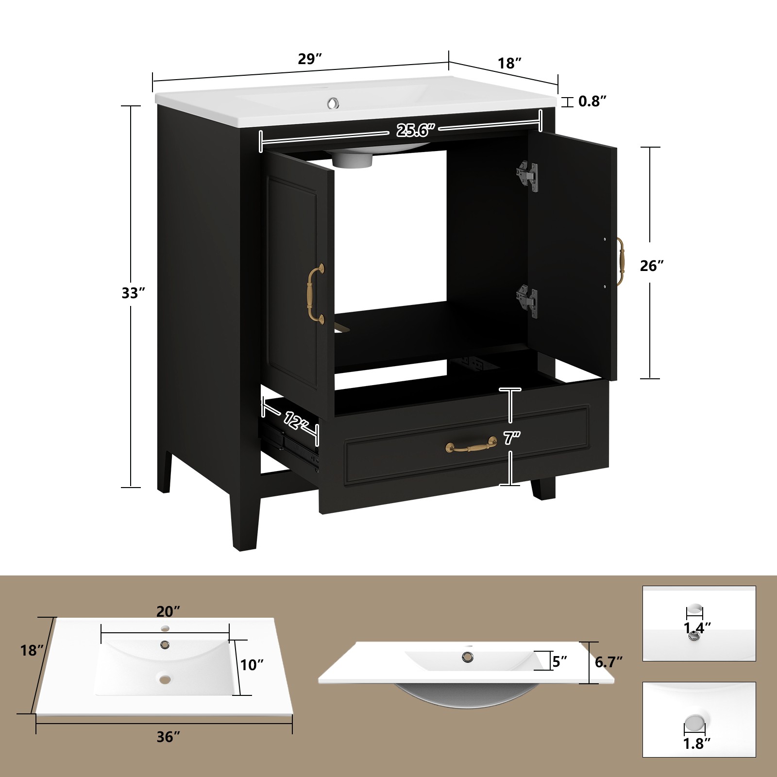 30″ Bathroom Vanity with Ceramic Sink Soft-Close 2 Doors 1 Drawer Faucet Modern