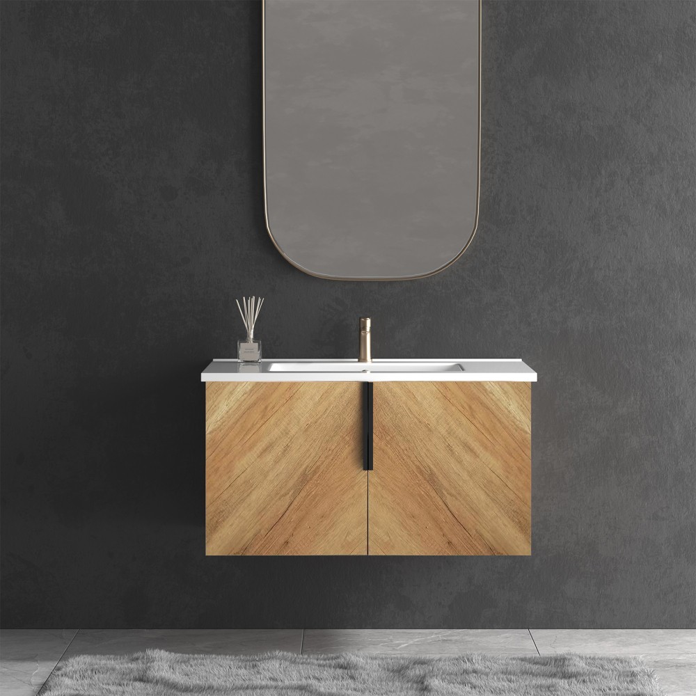 30″ Wall Mount Bathroom Vanity w/ Integrated Sink & 3D Fluted Panel