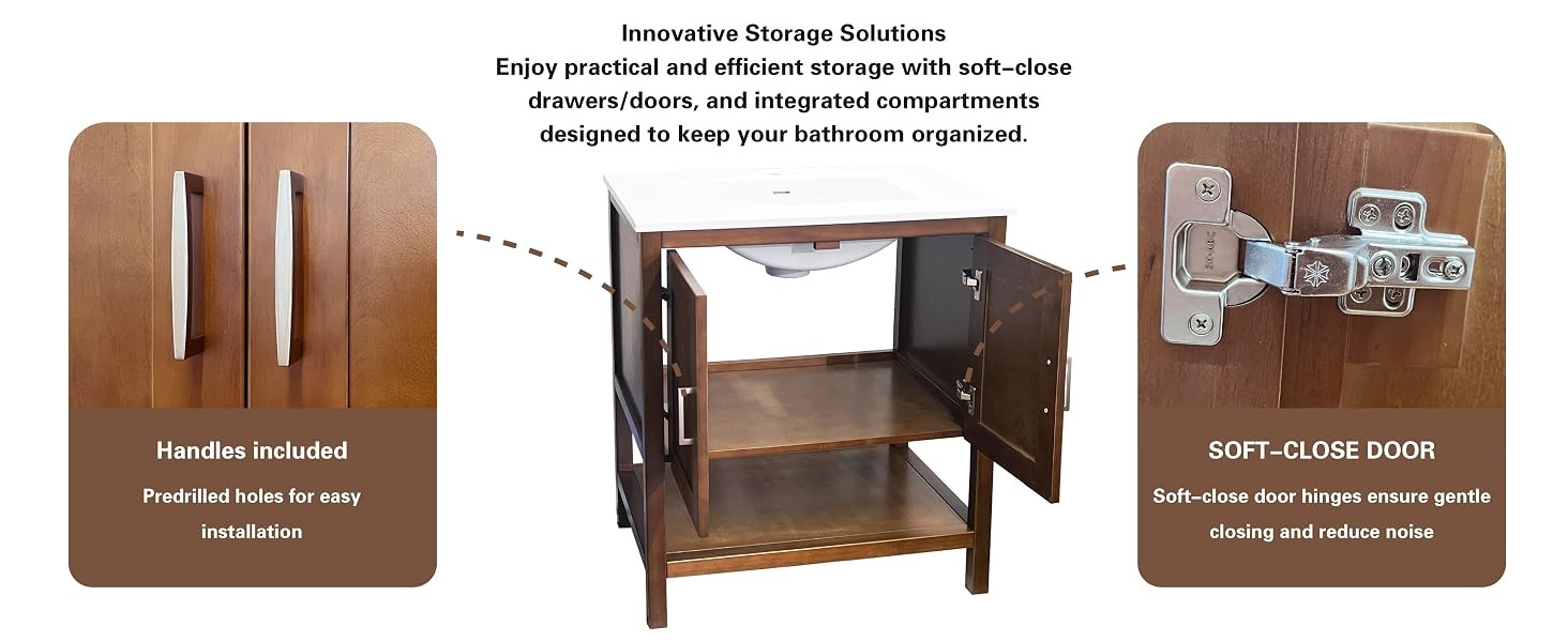 24″ Natural Wood Bathroom Vanity Base Only – Freestanding Solid Wood Sink