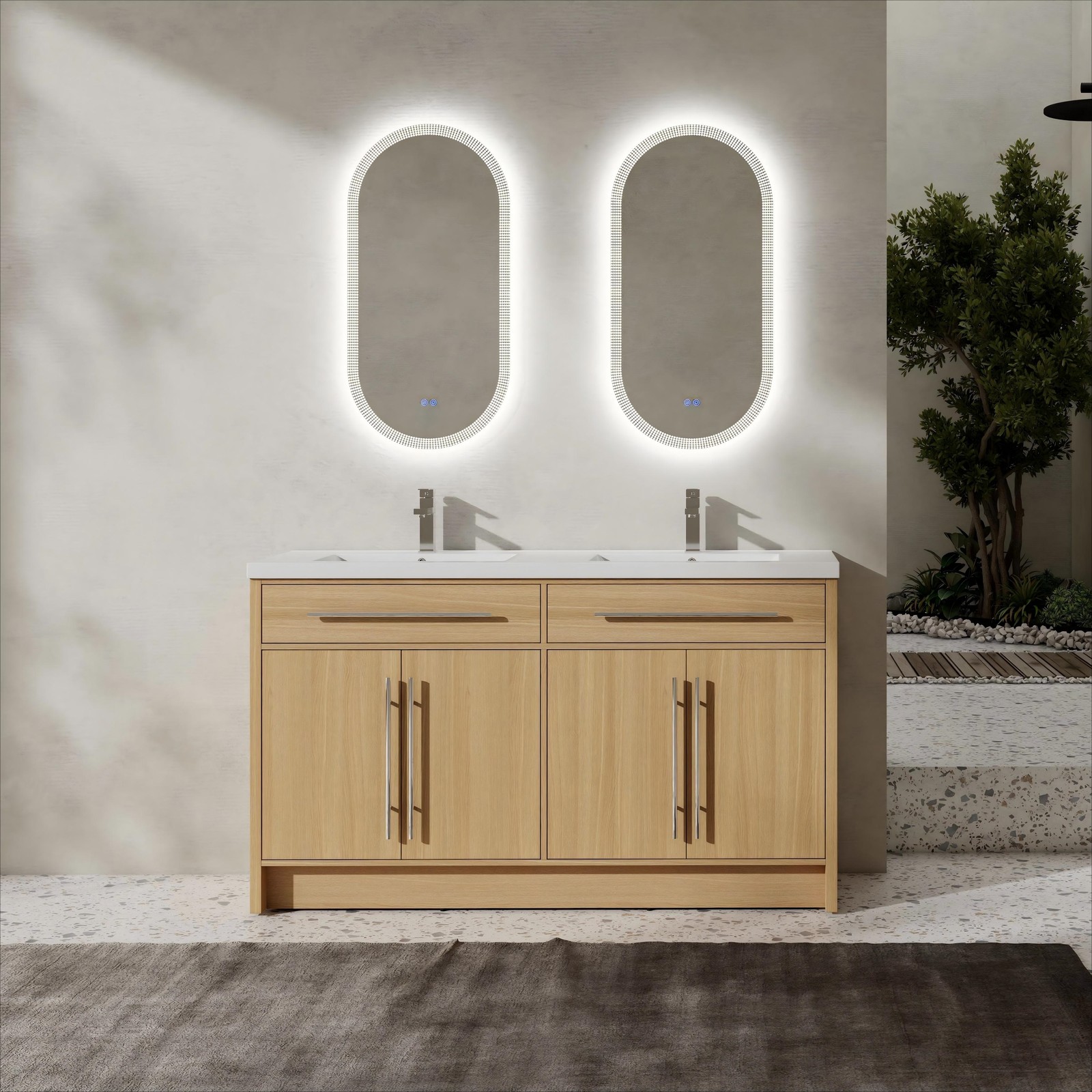 60 inch Plywood Bathroom Vanity Freestanding Double Resin Sink Storage W/2 Doors