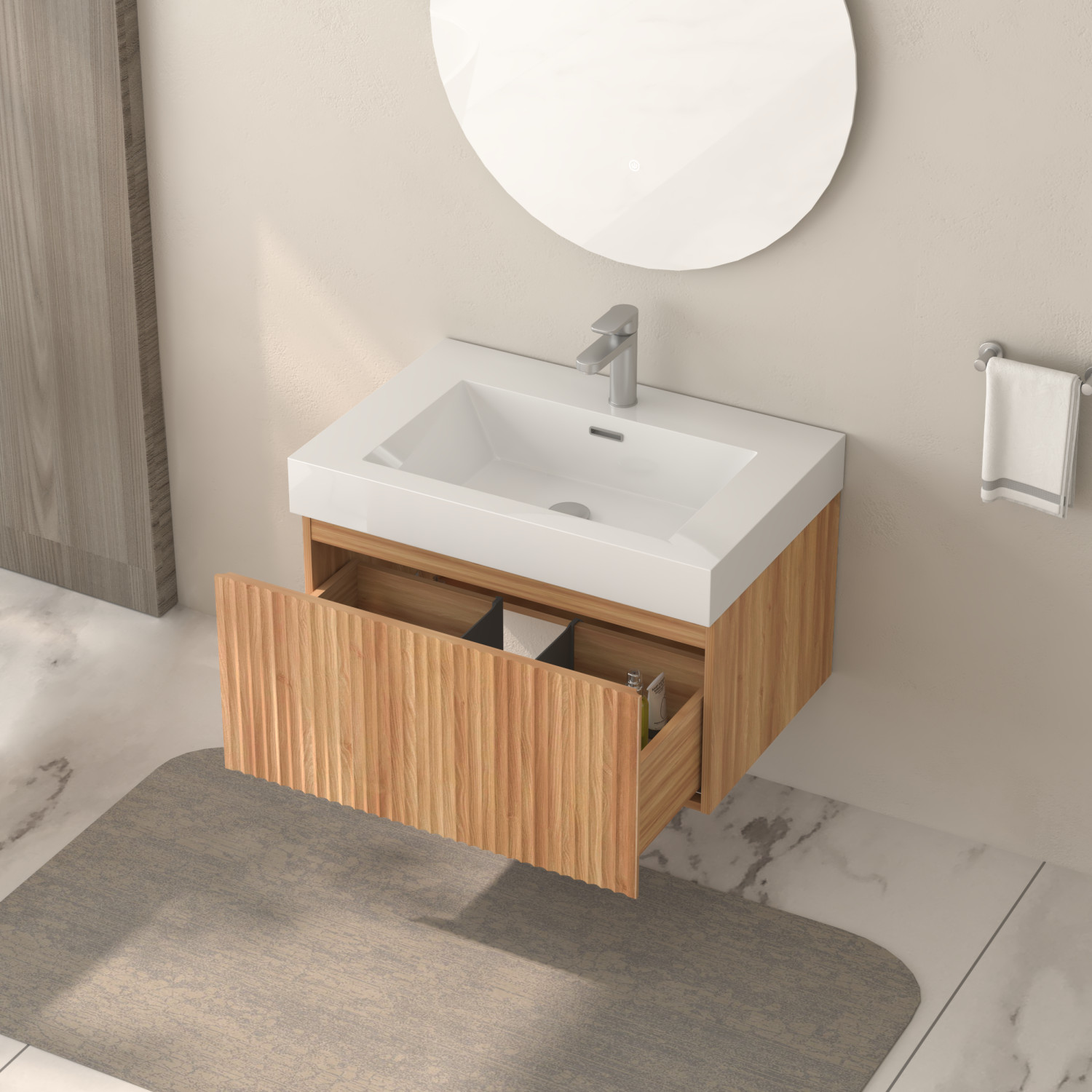 30″ Floating Bathroom Vanity with Integrated Sink, Acacia Plywood Cabinet