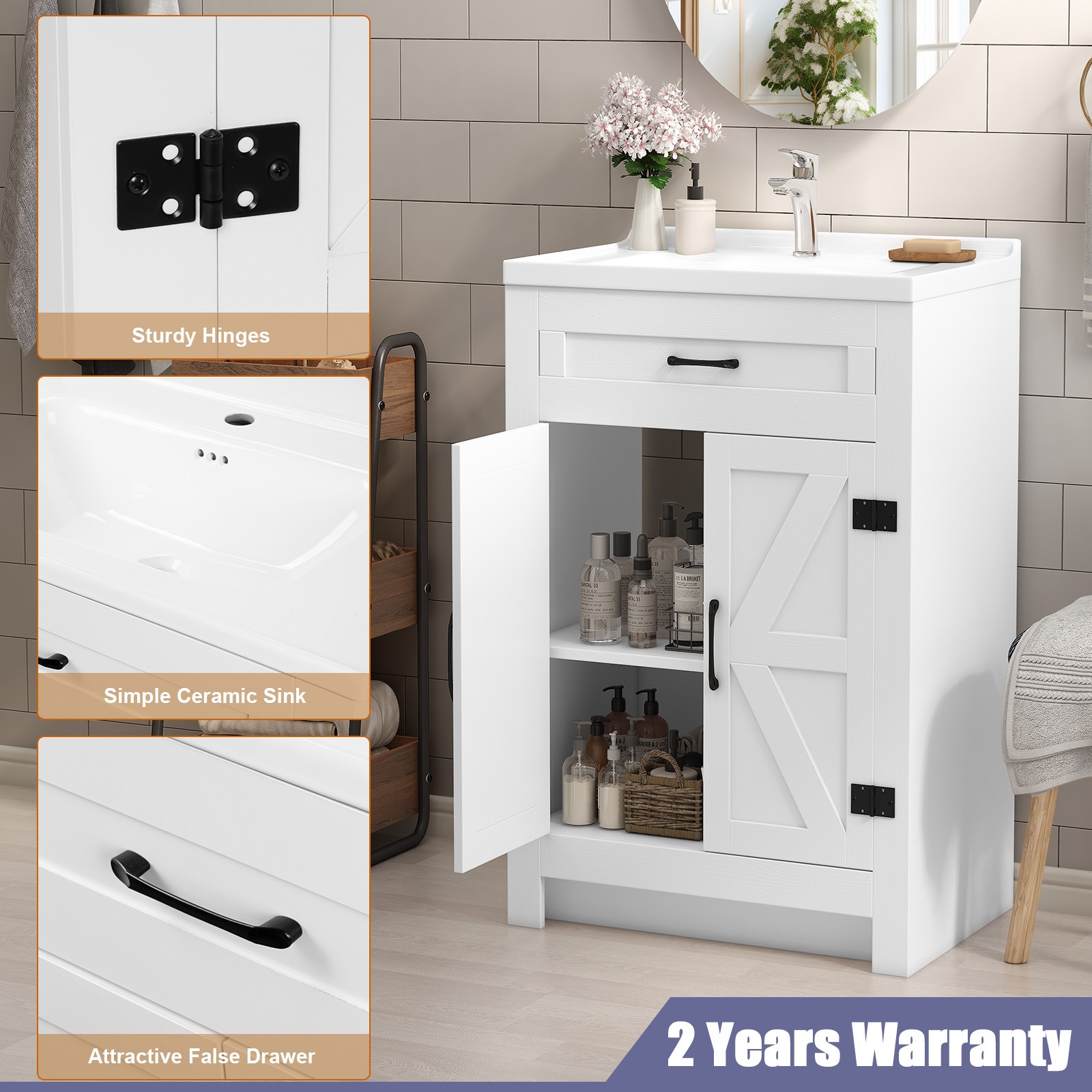 23″ Bathroom Vanity Cabinet & Door Ceramic Sink Bowl Cabinet Bath Organizer