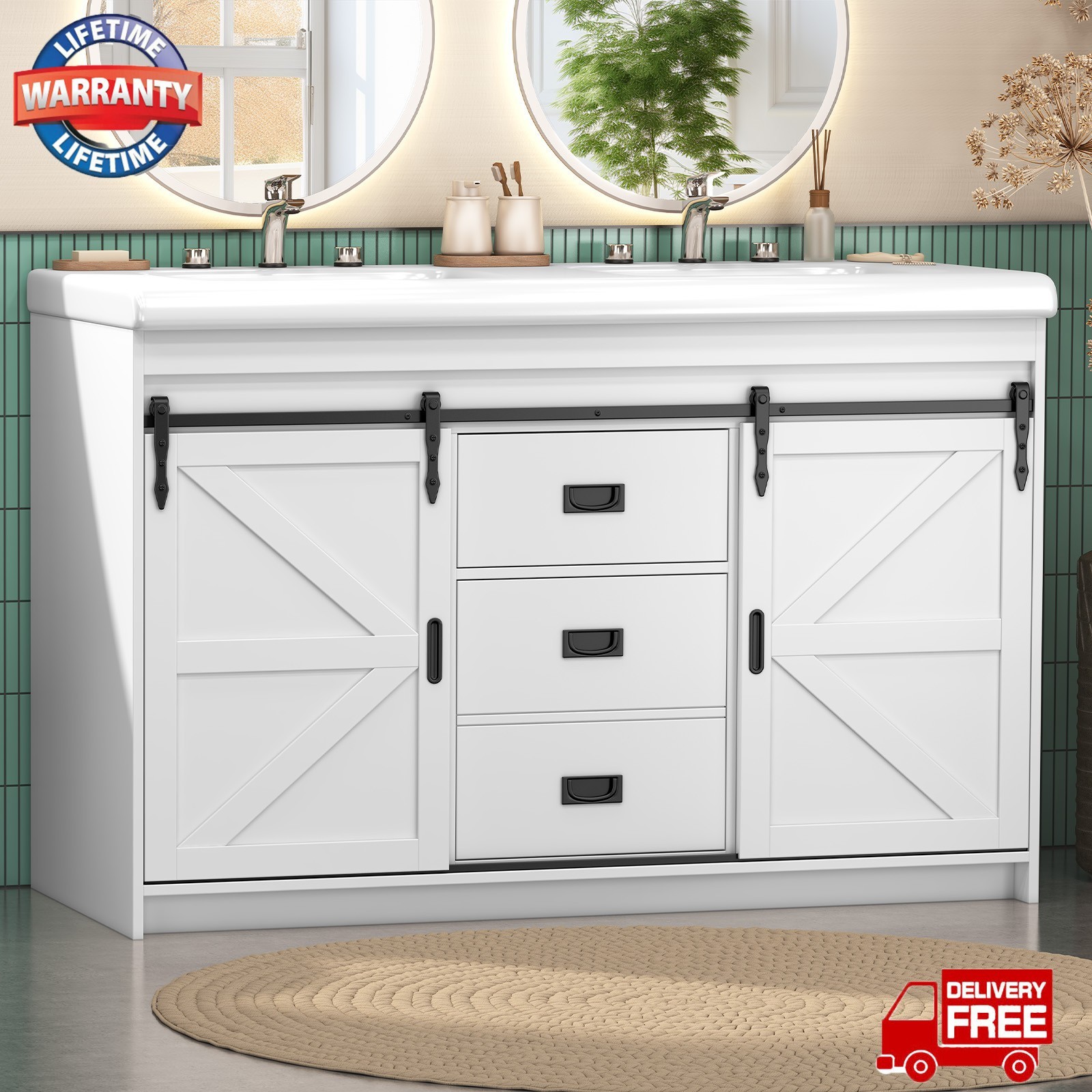 47″ Bathroom Vanity w/Double Ceramic Sink, Freestanding Vanity Cabinet,2 Drawers