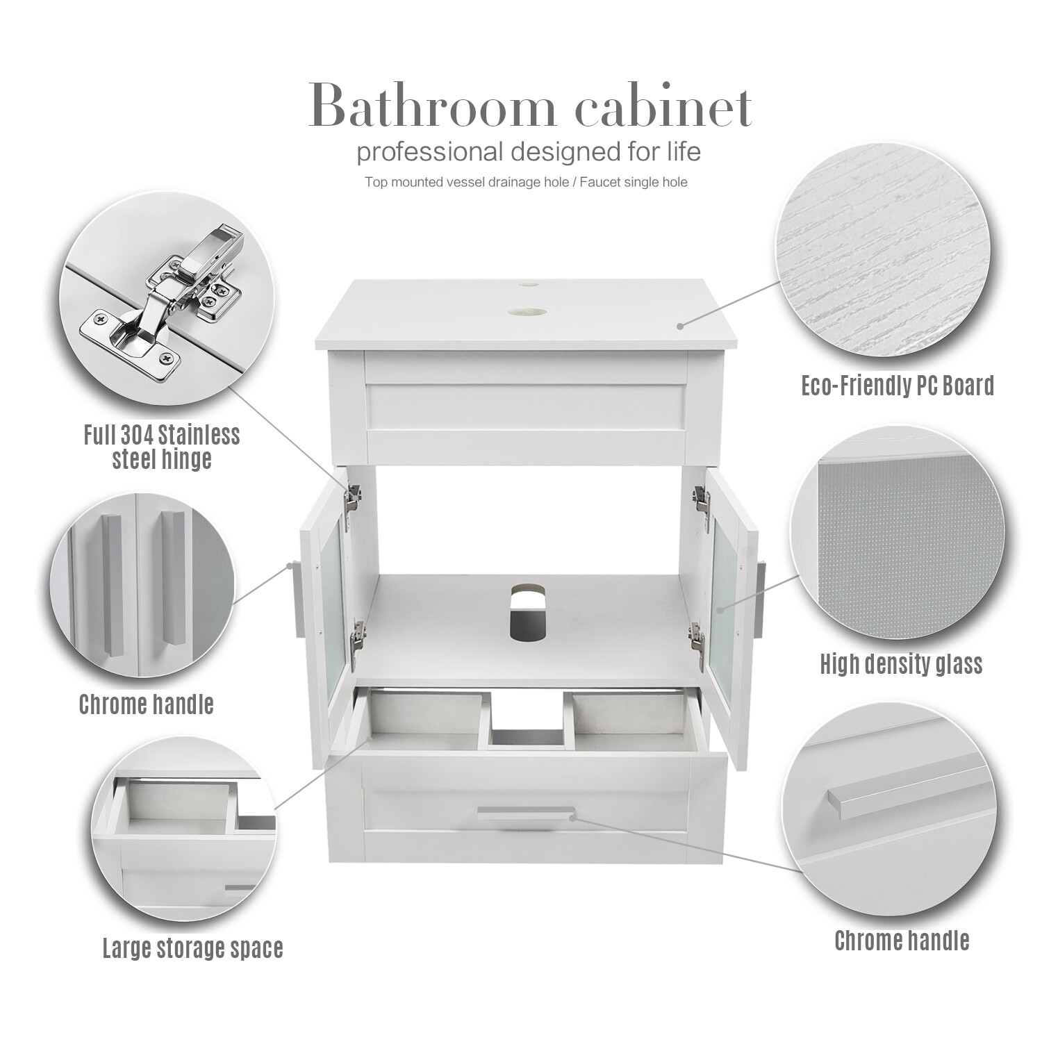24” Bathroom Vanity Stand Pedestal Cabinet Drawer Shelves Sink Faucet Drain Set