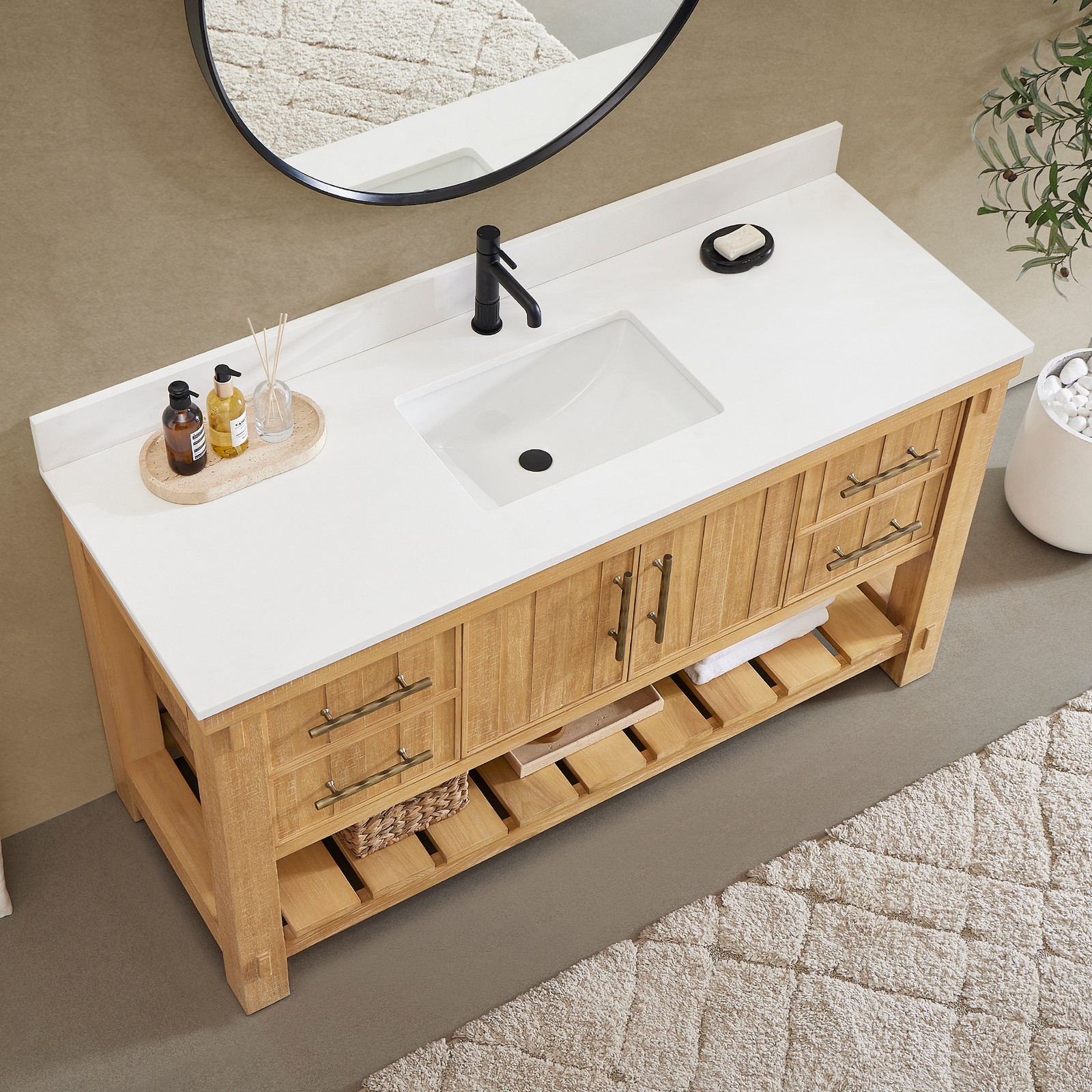 Paris 60″ Single Bath Vanity in Acacia Classic Grey with White Quartz Stone Top