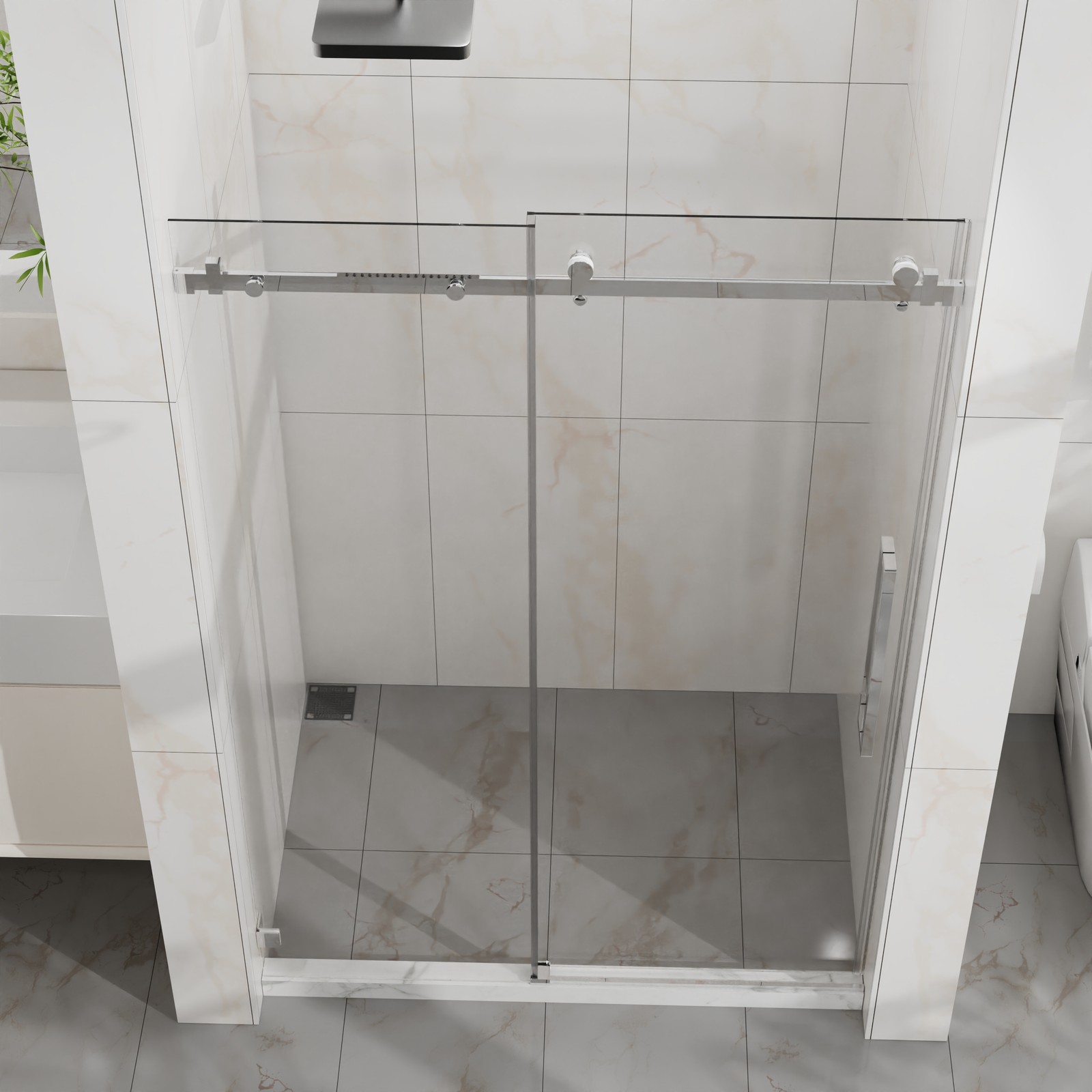 Frameless Shower Door, 48″ W x 72″ H Sleek Silent Sliding Glass Door Chrome