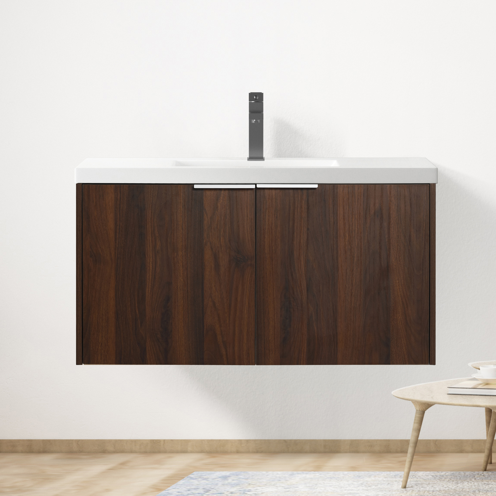 Bathroom Vanity with Sink Wall Mounted Wood Vanity and Resin Sink with 2 Doors