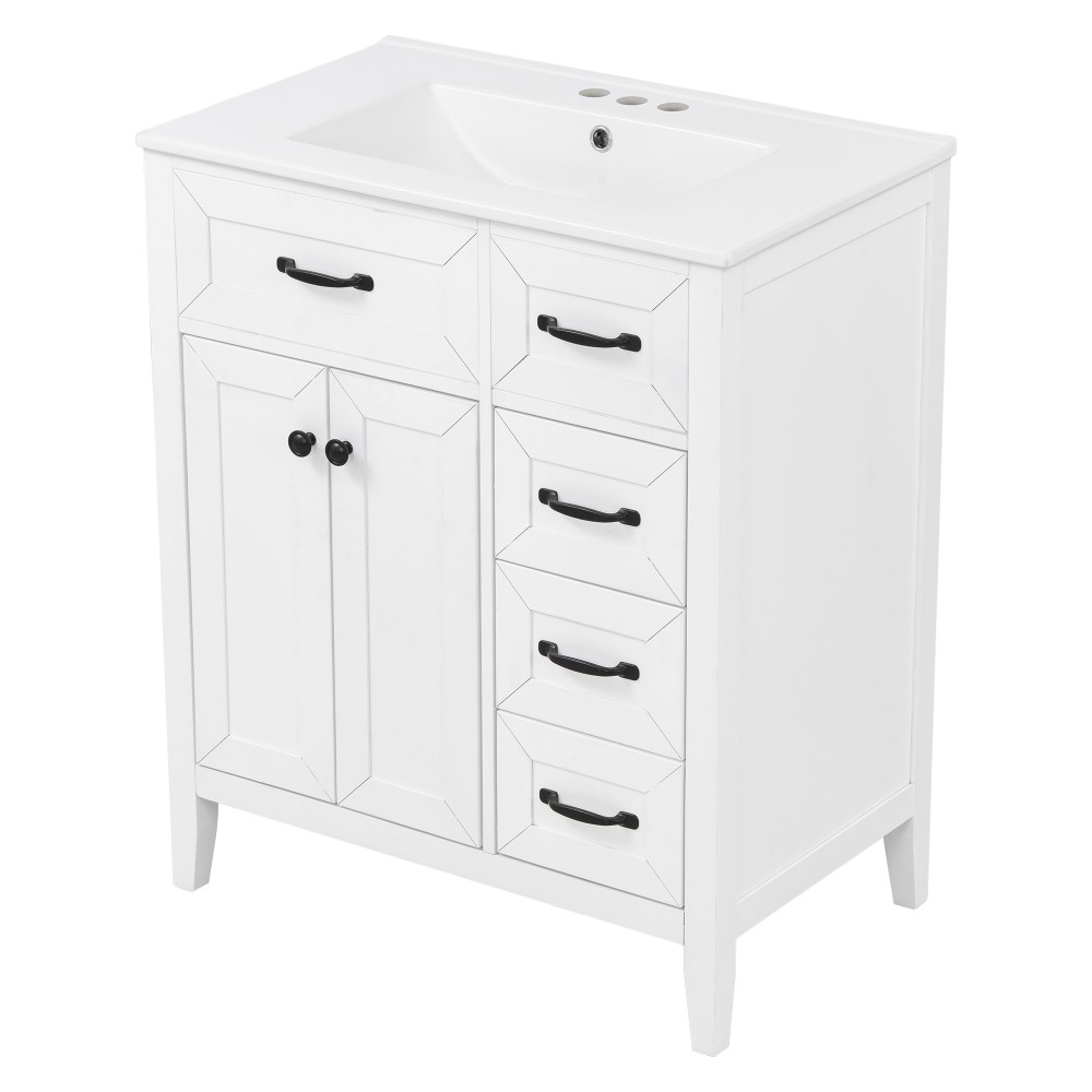 30″ White Bathroom Vanity with Ceramic Sink Freestanding Vanity with Black Metal