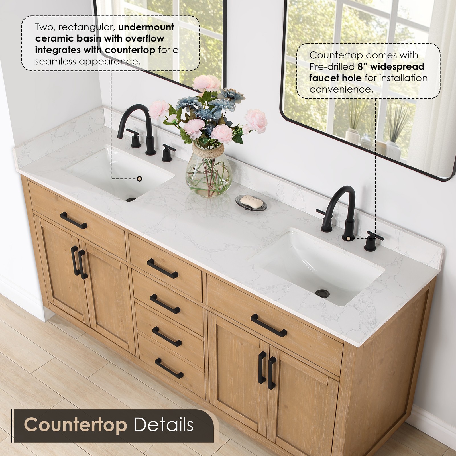 Gavino 72″ Wood Vanity in Light Brown with Composite Stone Top no Mirror