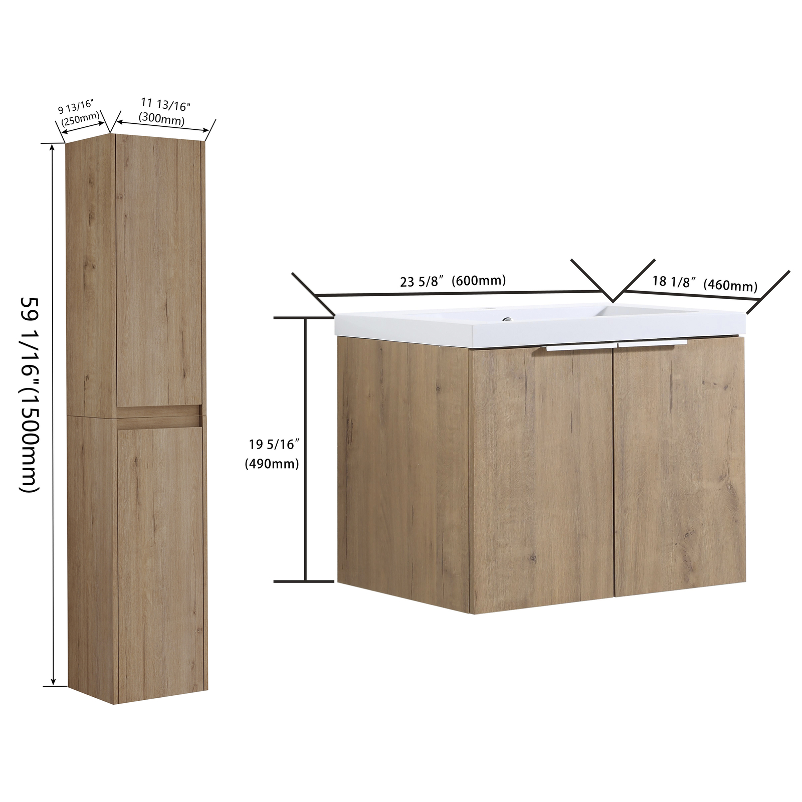 24In Plywood Floating Wall-Mounted Vanity Bathroom with Sink and 2x Side Cabinet