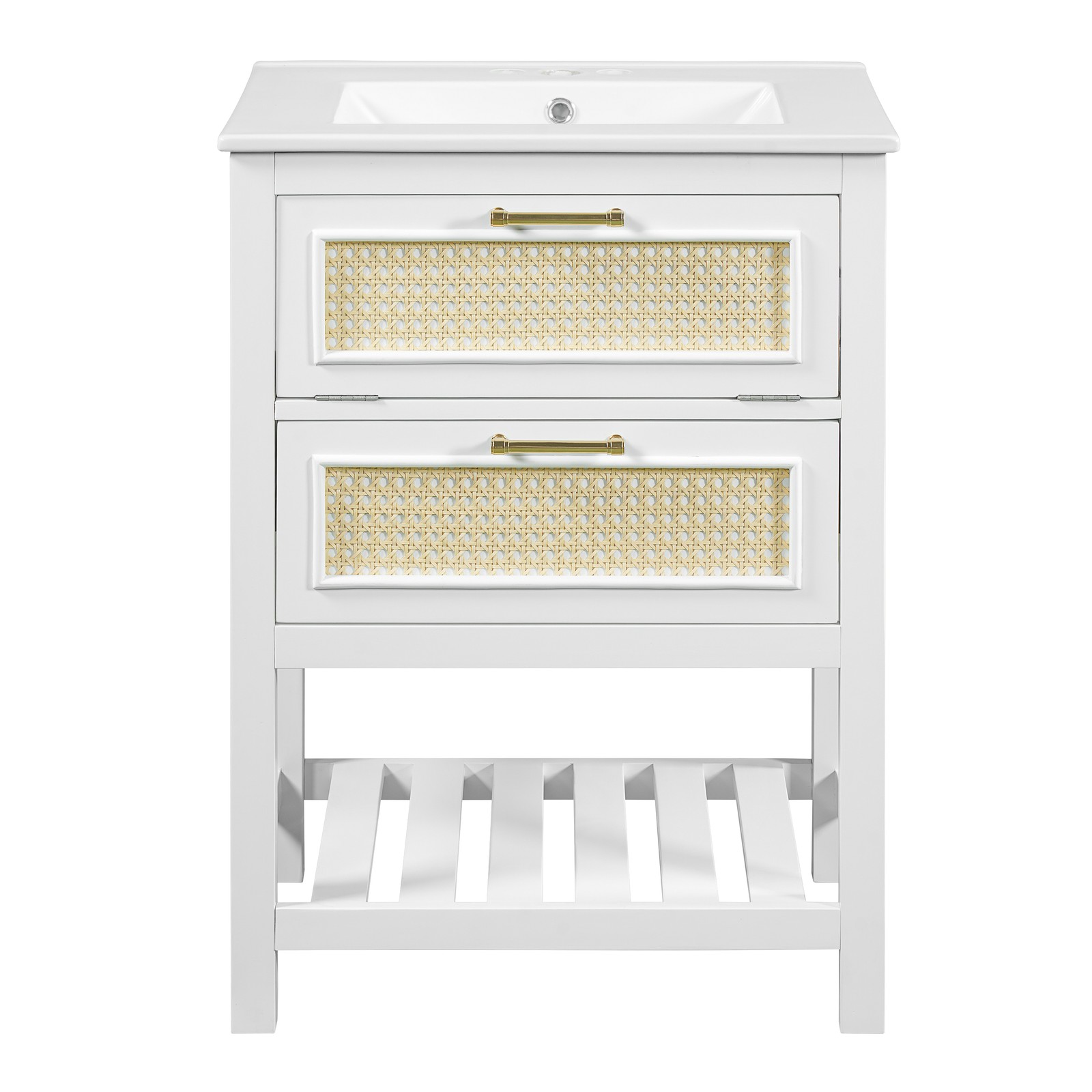 24″ White Bathroom Vanity with Ceramic Sink and 2 Drawers