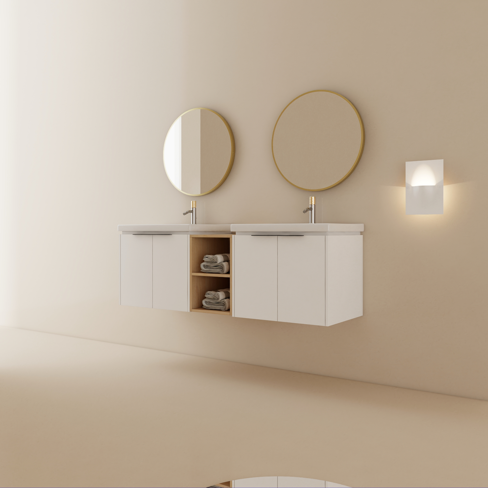 60″ Bathroom Vanity Double Ceramic Basin Wall Mounted Cabinet W/ Storage Shelves
