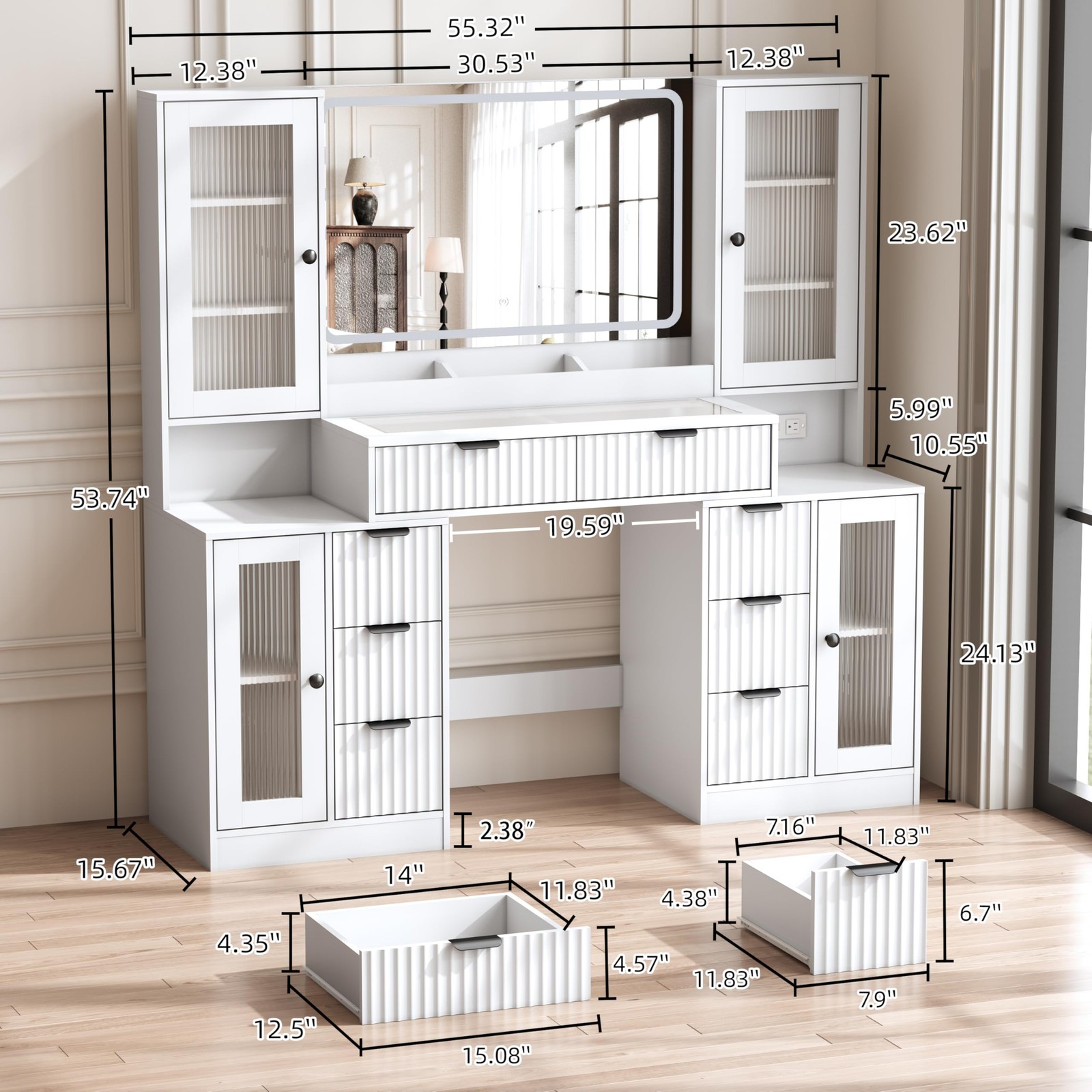 55 Vanity Desk w/ 3-Color Lighted Mirror 8 Drawers 4 Cabinets Charging Station