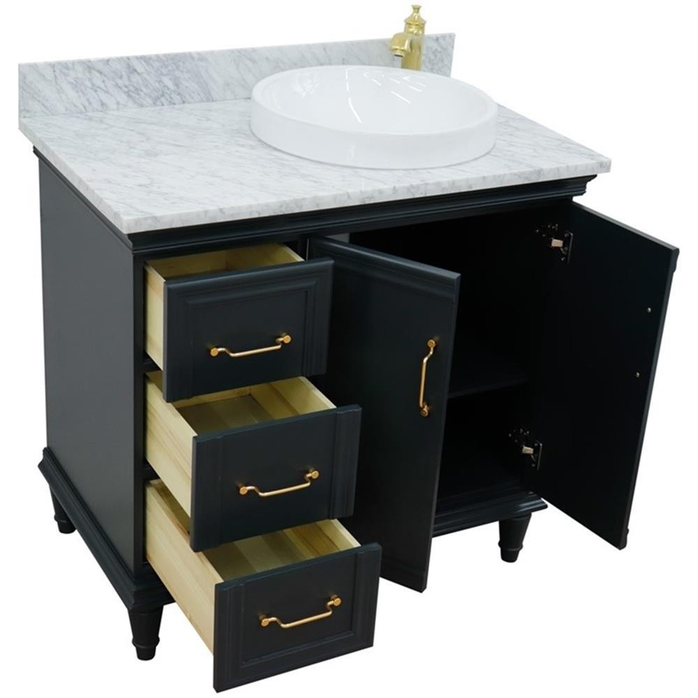 37 in. Single Wooden Vanity Dark Gray White Carrara Round Right Door.Right Sink