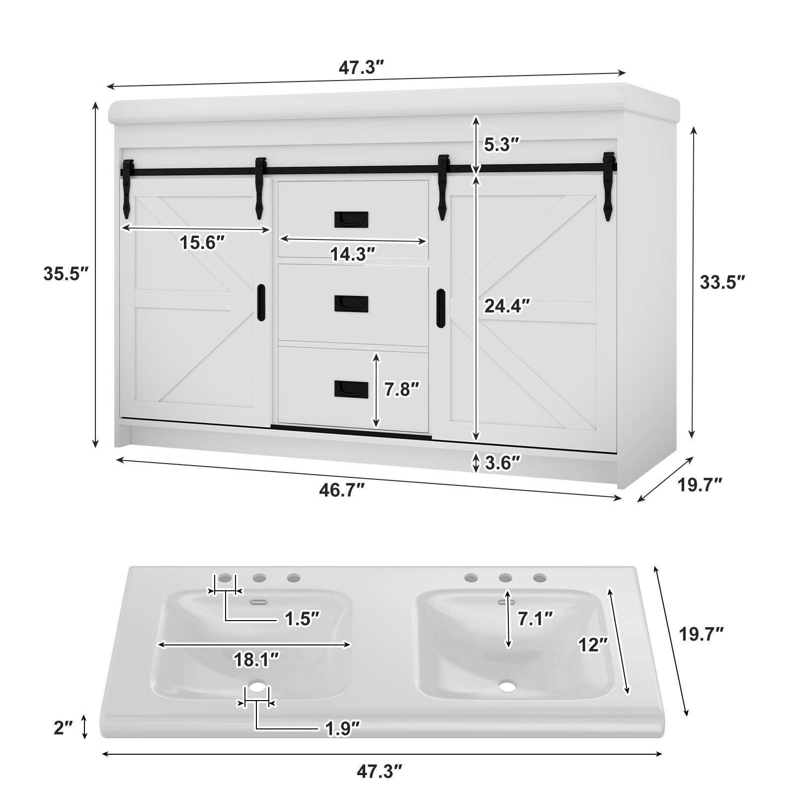 Large Vanity Cabinet Double Bathroom Top Ceramic Sink Countertop without Faucet