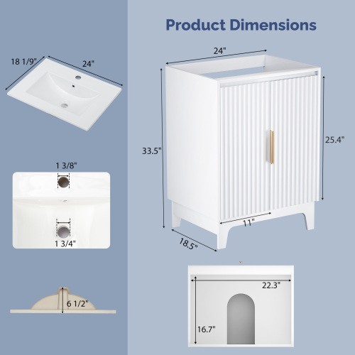 24″ Fluted Vanity Free Standing Bathroom Storage Cabinet with Sink Combo Set