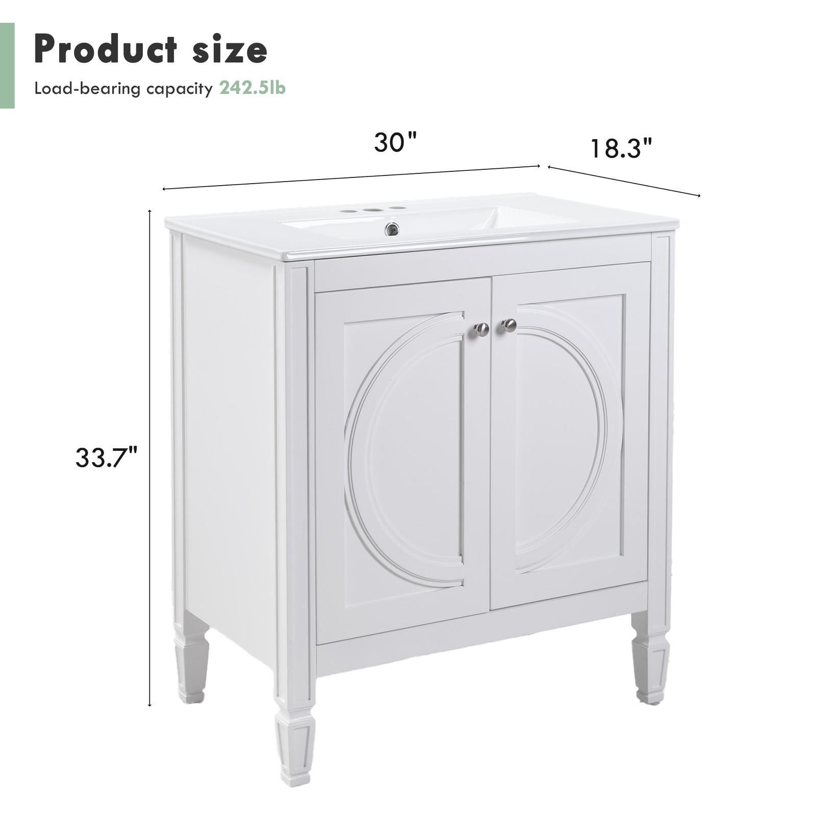 30″ Bathroom Vanity with Ceramic Sink, White, Modern Farmhouse Style