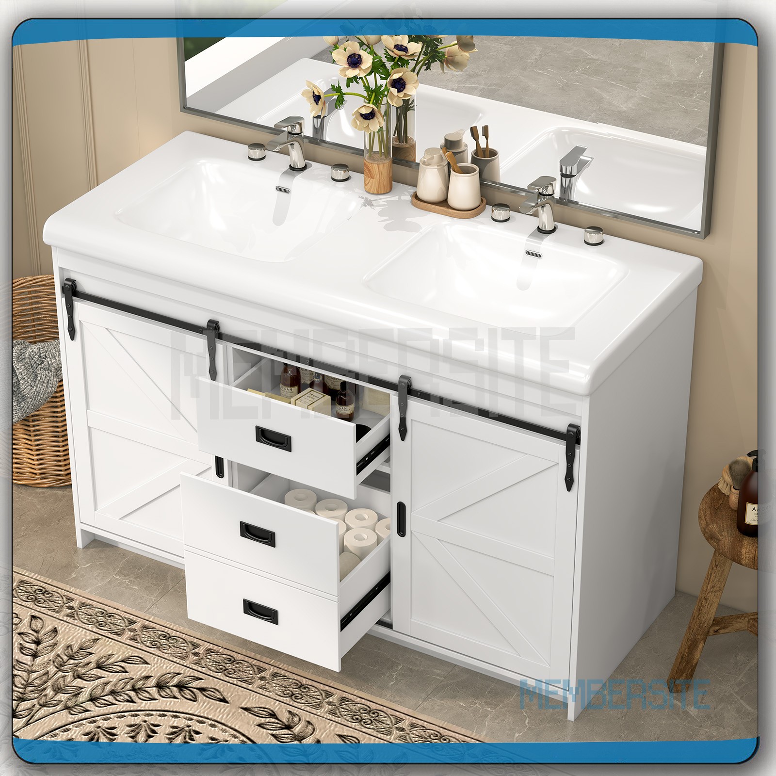 Bathroom Vanity Cabinet w/2 Ceramic Sink Combo 2 Sliding Door 47.3″ Vanity White