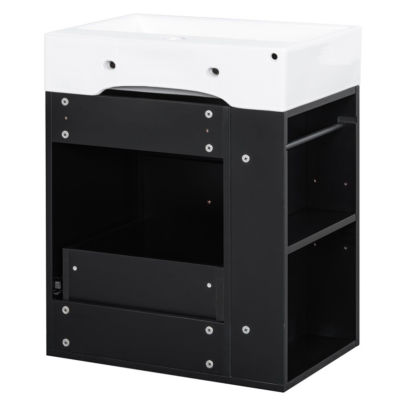 20″ Bathroom Vanity w/Ceramic Sink Black Storage Cabinet with Drawer,Side Shelf