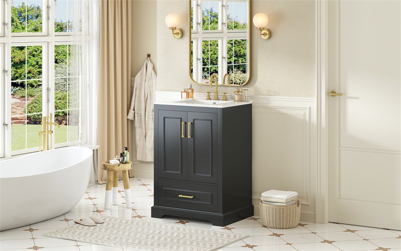 24in Black Bathroom Vanity with Ceramic Sink,Divider Drawer & 2 Soft-close Doors