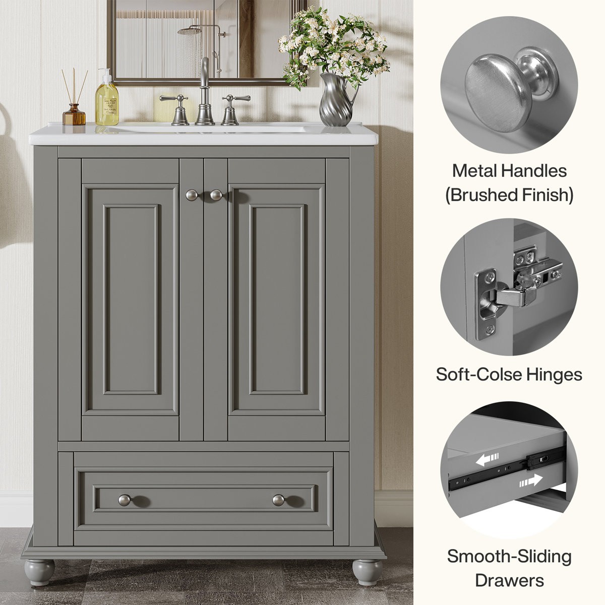 24″ Bathroom Vanity with Ceramic Sink Combo Freestanding Bathroom Vanity Cabinet