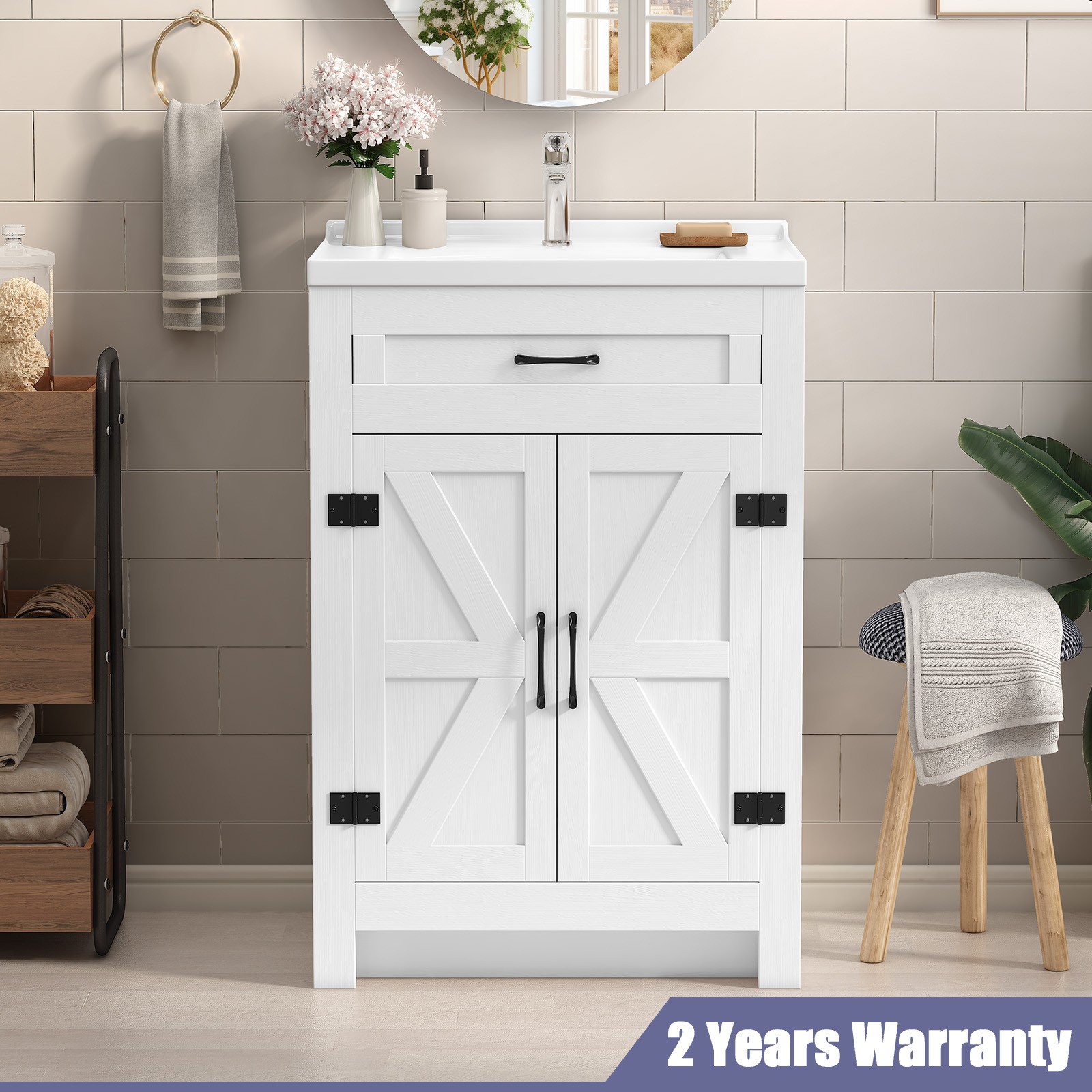 23″ Bathroom Vanity Cabinet & Door Ceramic Sink Bowl Cabinet Bath Organizer