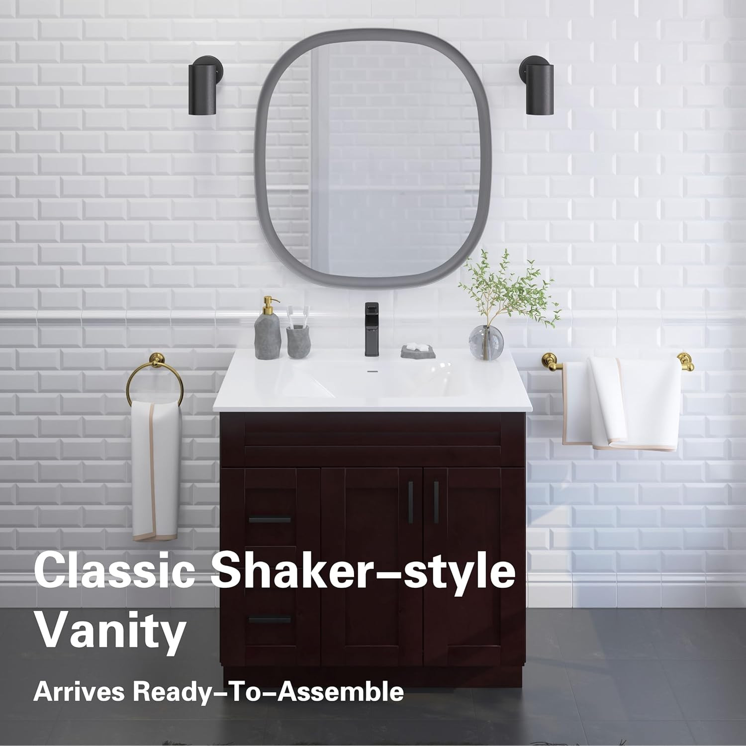 Espresso 36″ Shaker Bathroom Vanity Sink Base with Drawers – Ready to Assemble