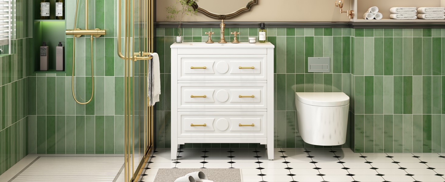 White 30″ Free Standing Bathroom Vanity w/ Ceramic Sink & 3 Drawers, Solid Wood