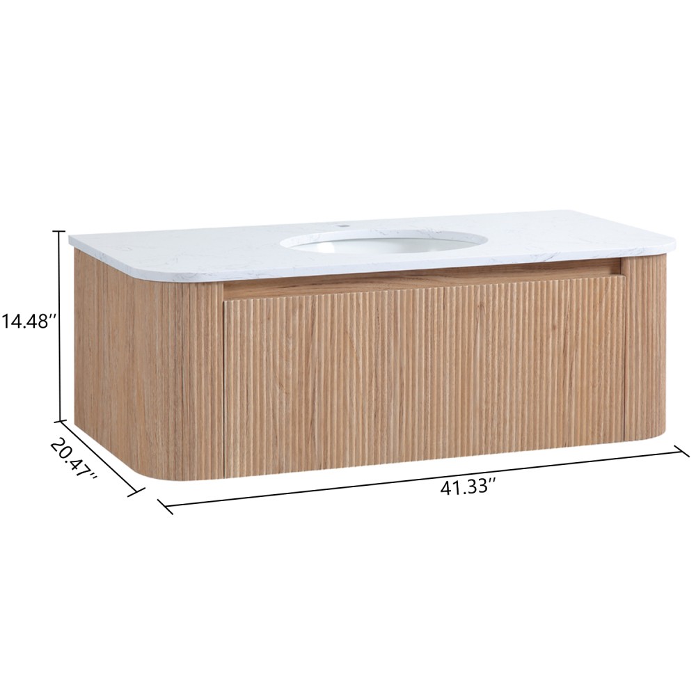 42″ Bathroom Vanity Wall Mount w/ Marble Top, Ceramic Sink, Soft Close Drawer