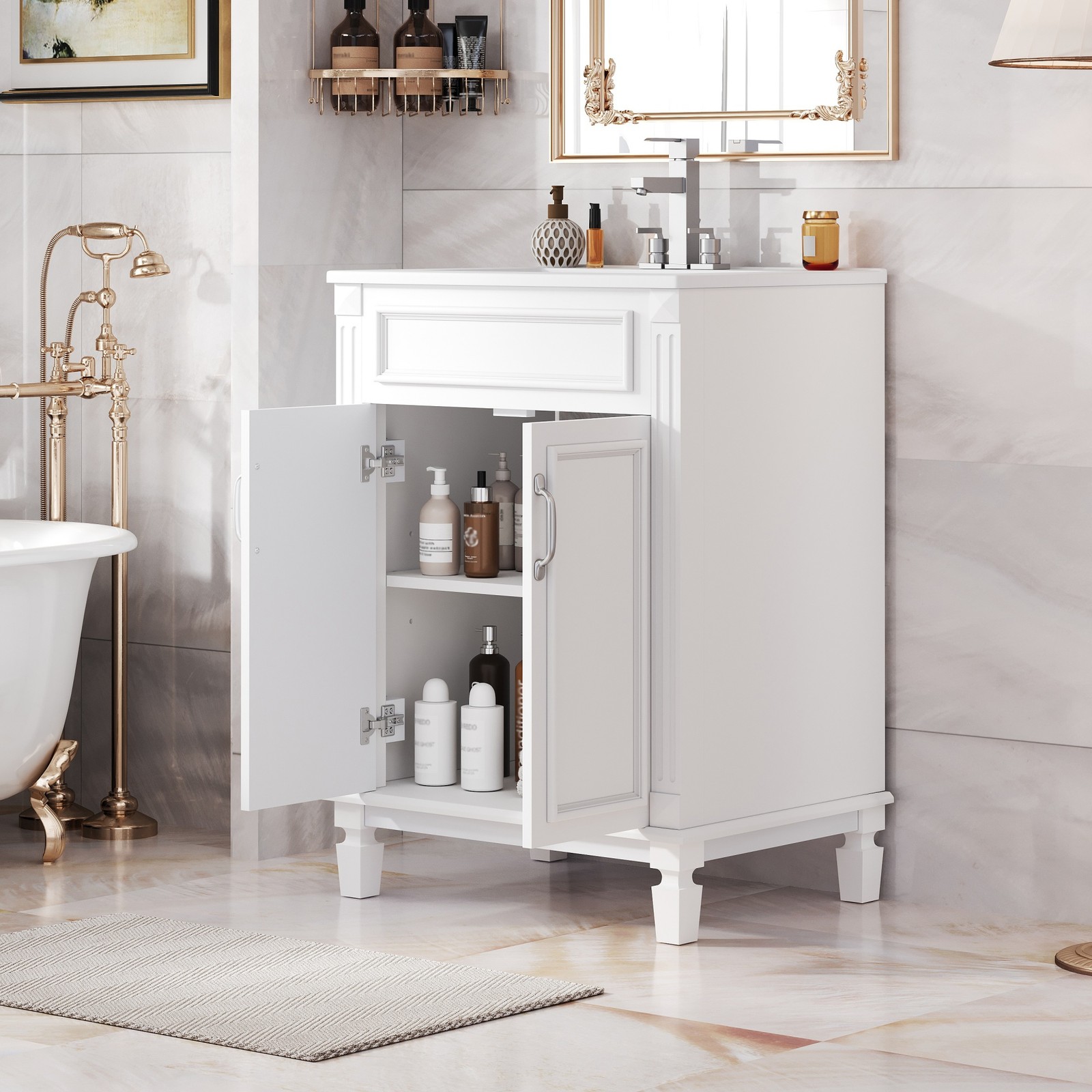 24 inch White Modern Bathroom Vanity with Sink, 2 Soft-Close Doors