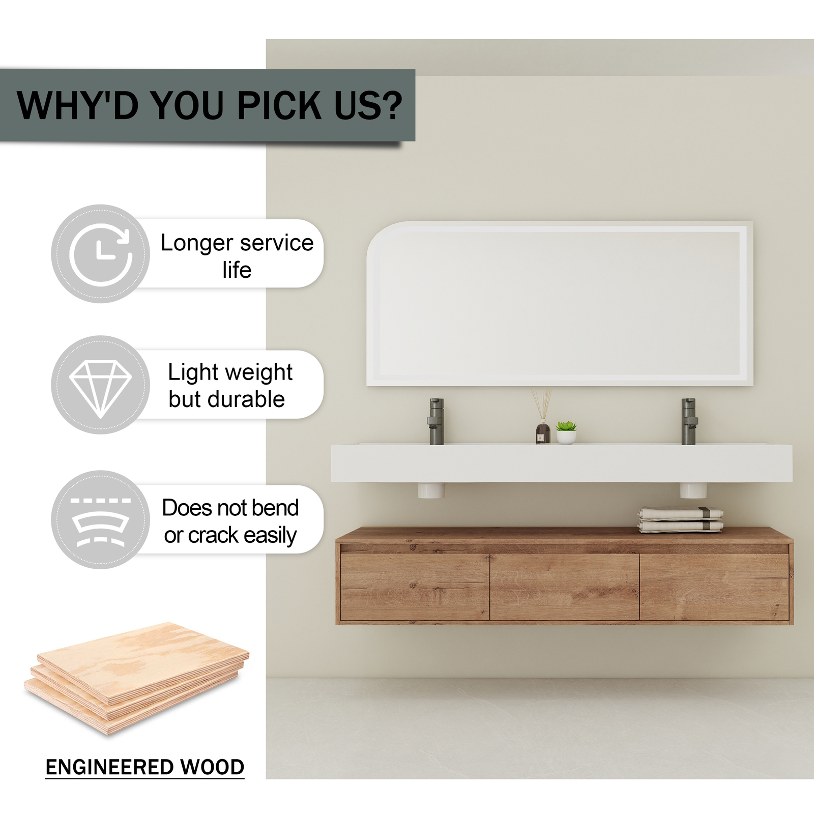 60″ Wood Floating Wall Mounted Bathroom Vanity with Double Resin Sink +3Drawers