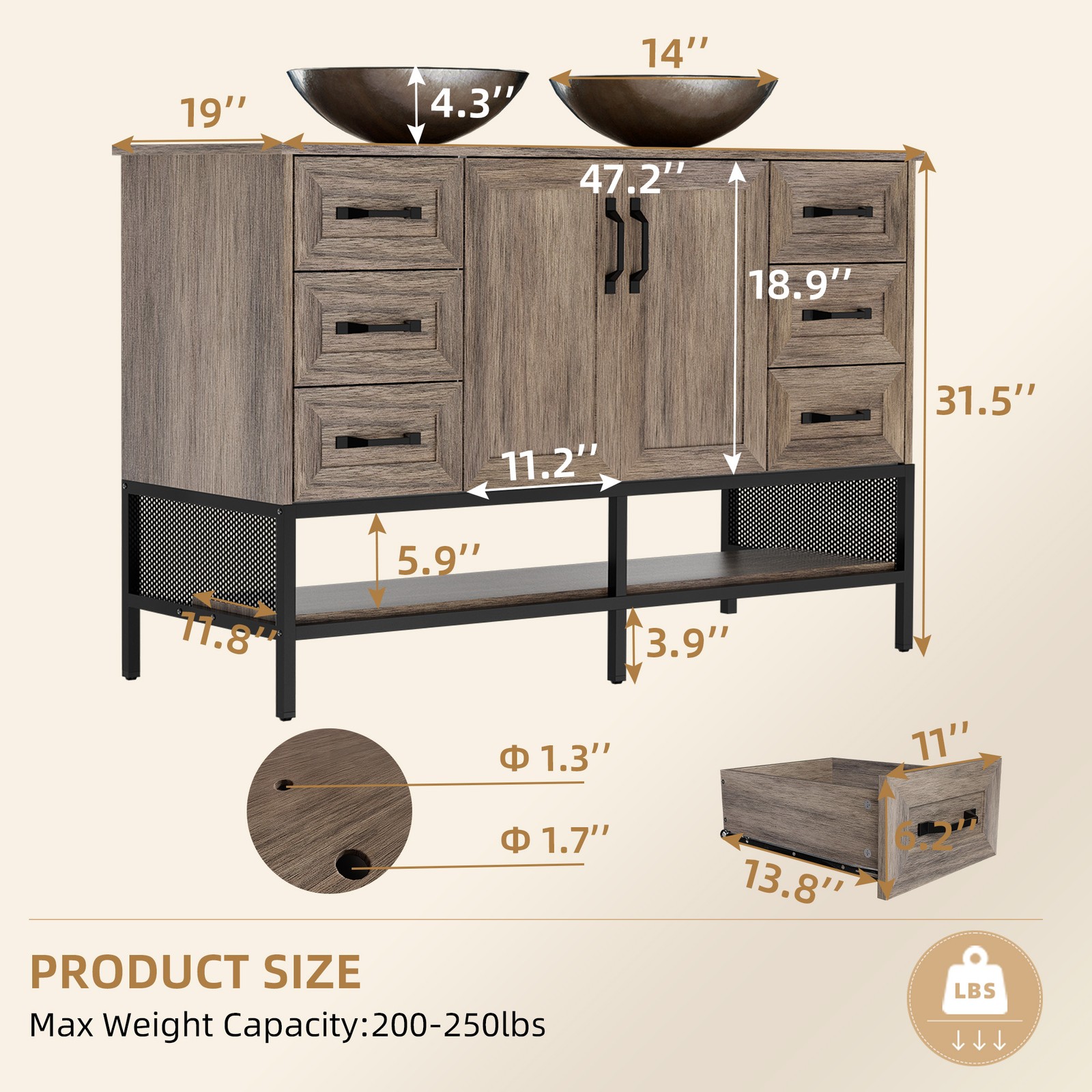 48″ Large Bathroom Vanity With Double Sink Cabinet Glass Basin No Mirror Faucet