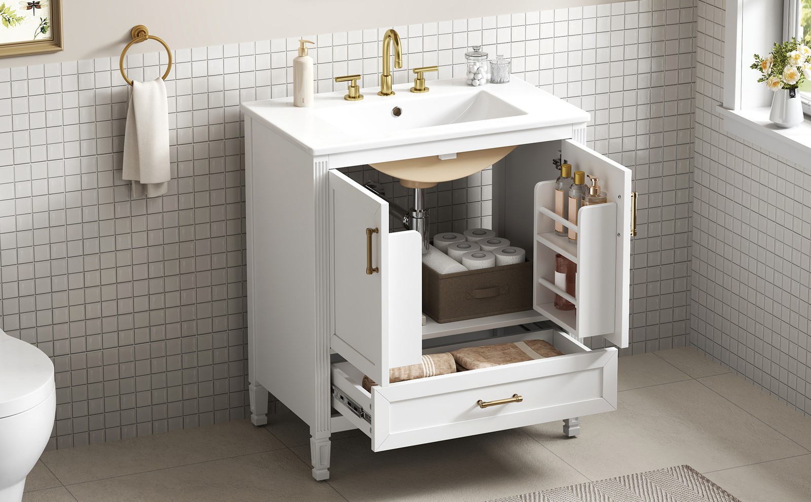 30″ White Fluted Bathroom Vanity with Ceramic Sink, Soft-Close