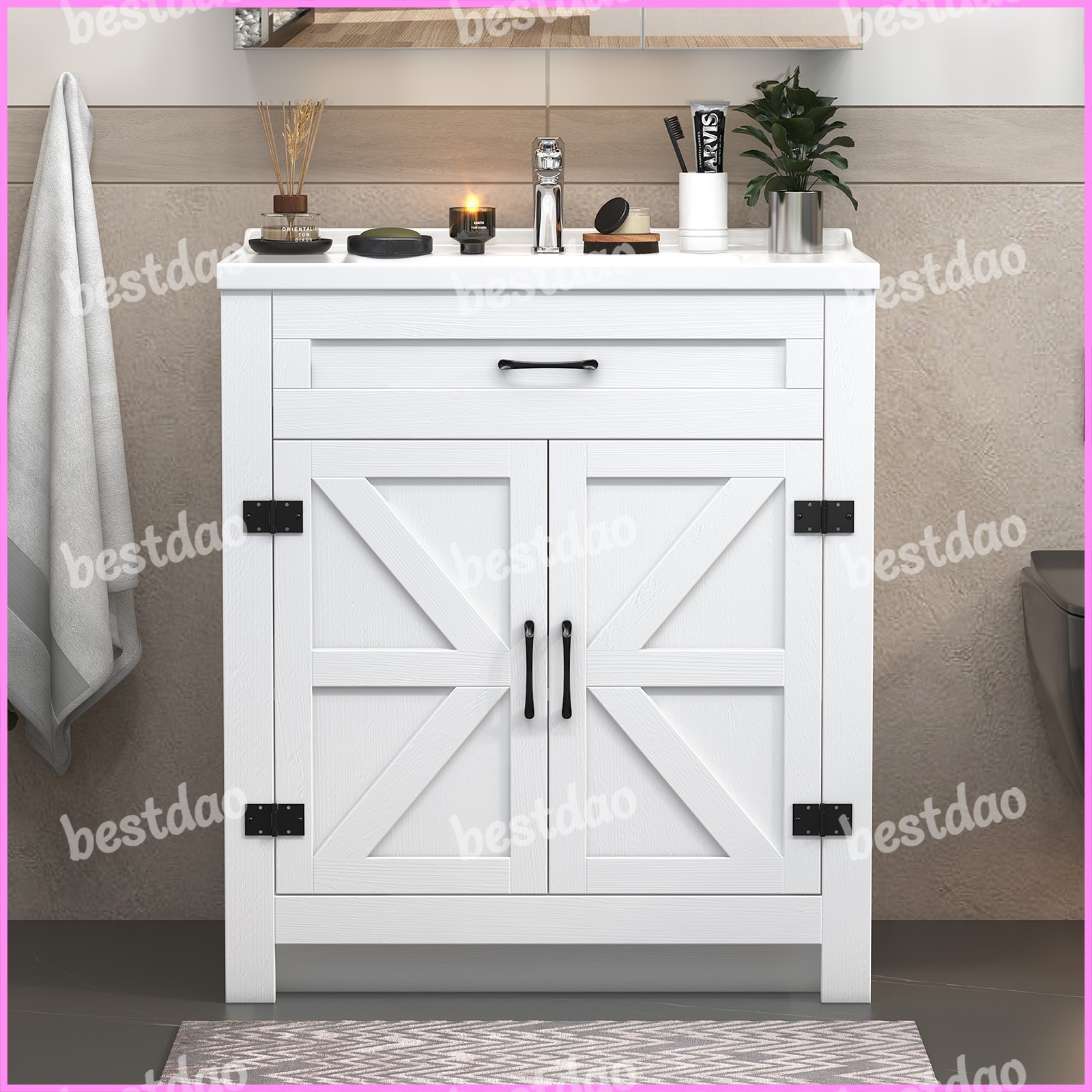 White 31″ Modern Bathroom Vanity w/ Ceramic Sink Storage Cabinet w/ 2 Doors