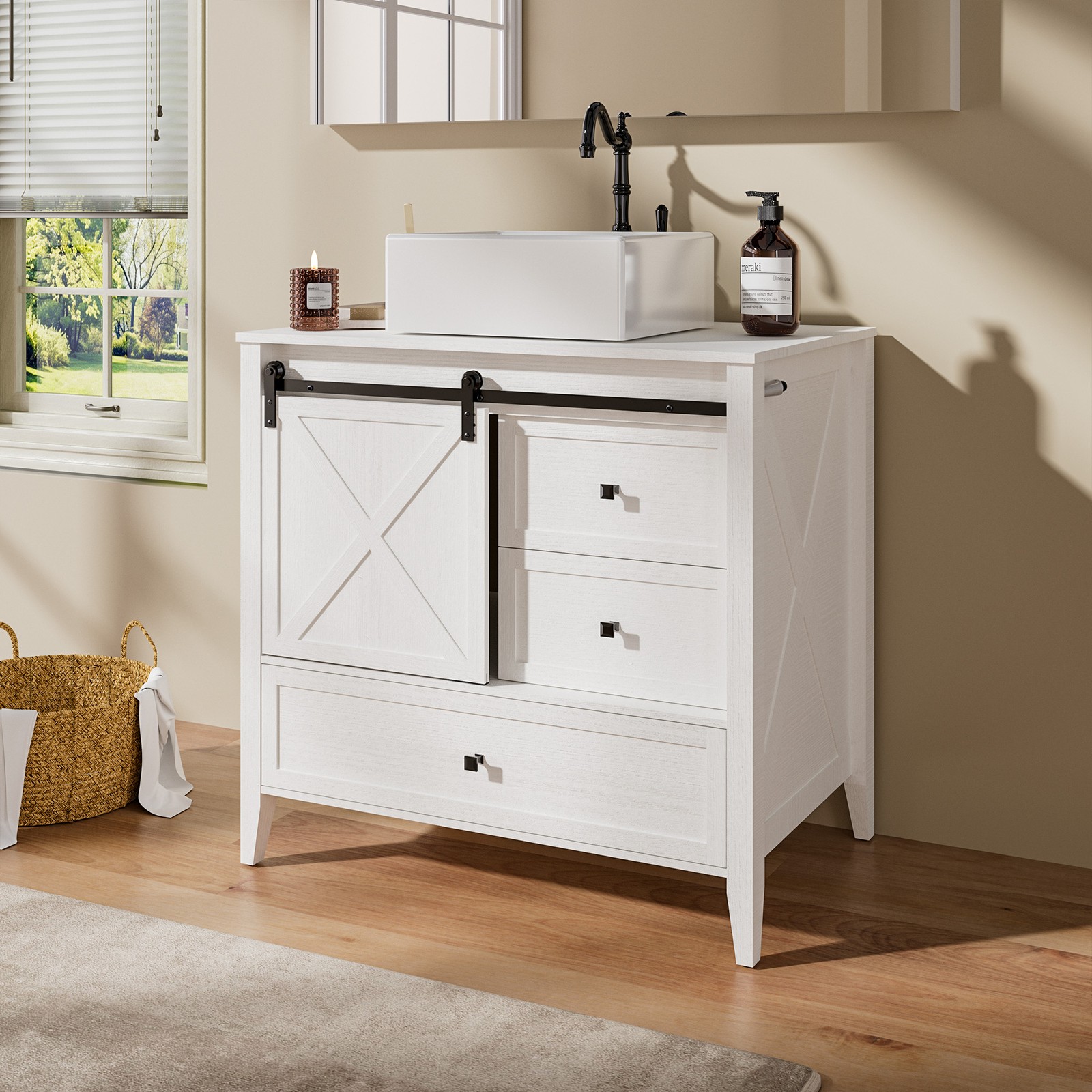 36 Inch Bathroom Vanity Cabinet With Ceramic Sink Sliding Barn Door Freestanding