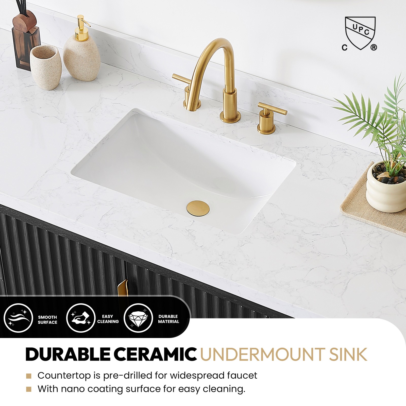 Cadiz 60″ Single Bathroom Vanity in Fir Wood Black with Composite Stone Top
