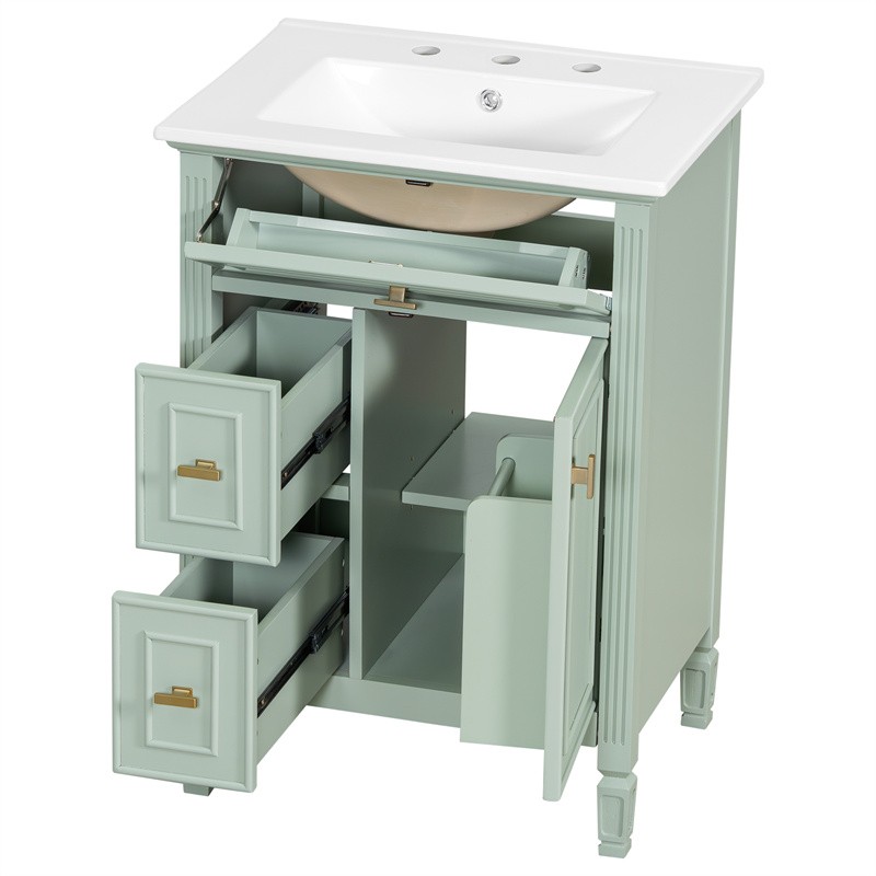 24-In Modern Bathroom Vanity with Ceramic Sink,Green Wood Cabinet with 3 Drawers