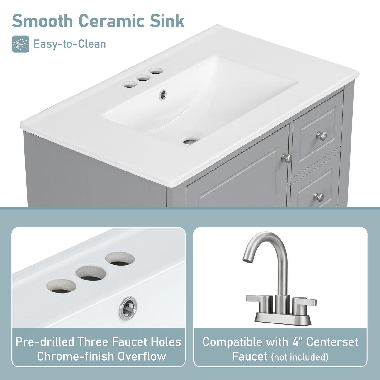 30″ Bathroom Vanity with Ceramic Sink Freestanding Solid Wood Storage Cabinet