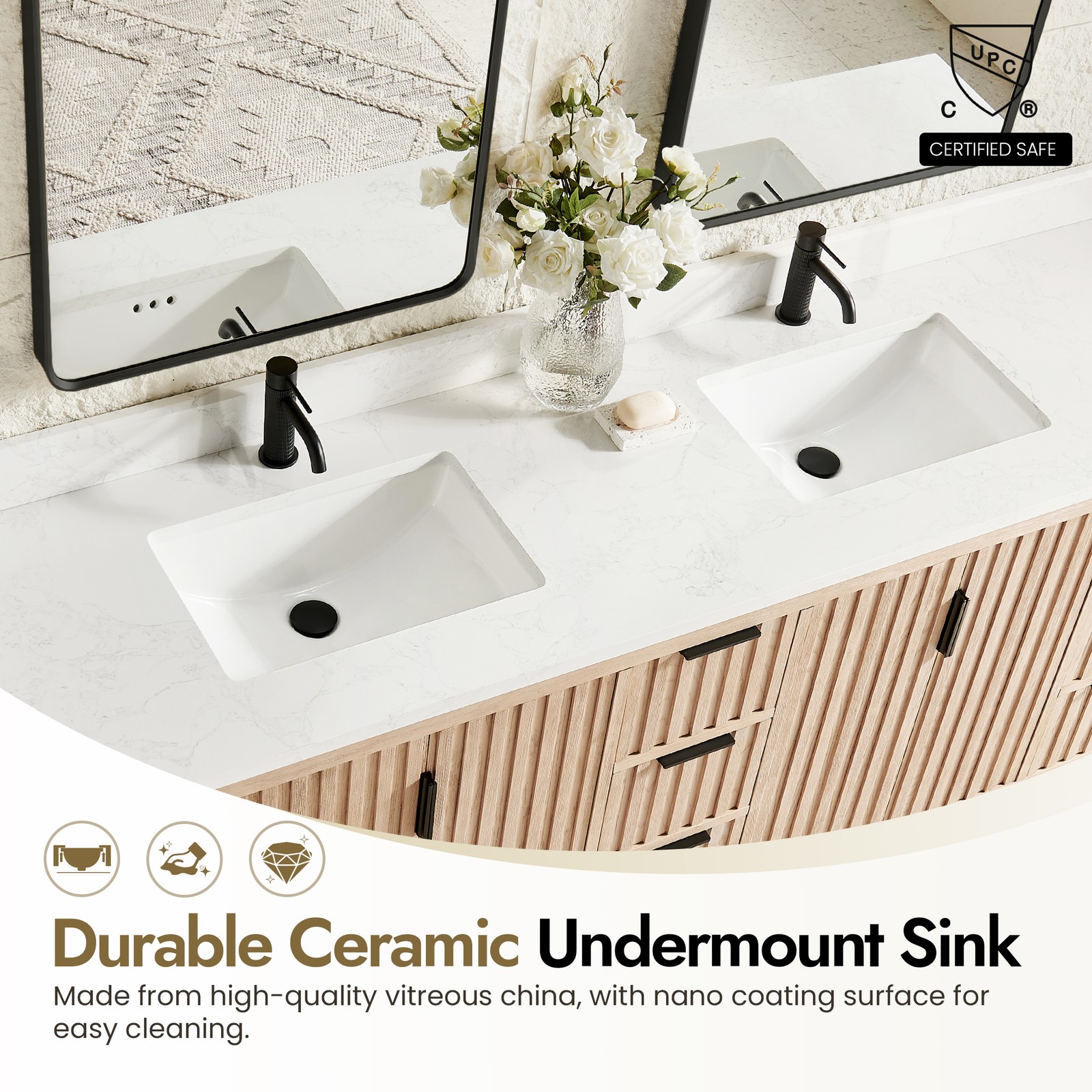 Shenzhen 84″ Double Bath Vanity in Aged Natural Oak with Composite Stone Top