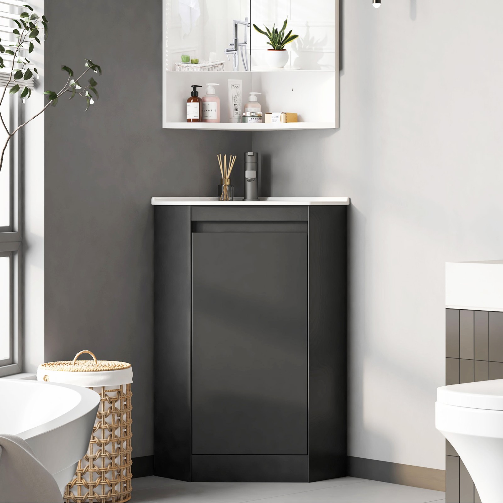 Corner Bathroom Vanity Sink Combo for Small Space Freestanding Storage Cabinet