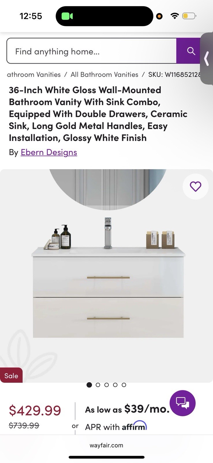 36-Inch Wall-Mounted Vanity, Glossy White, Ceramic Sink, 2 Drawers