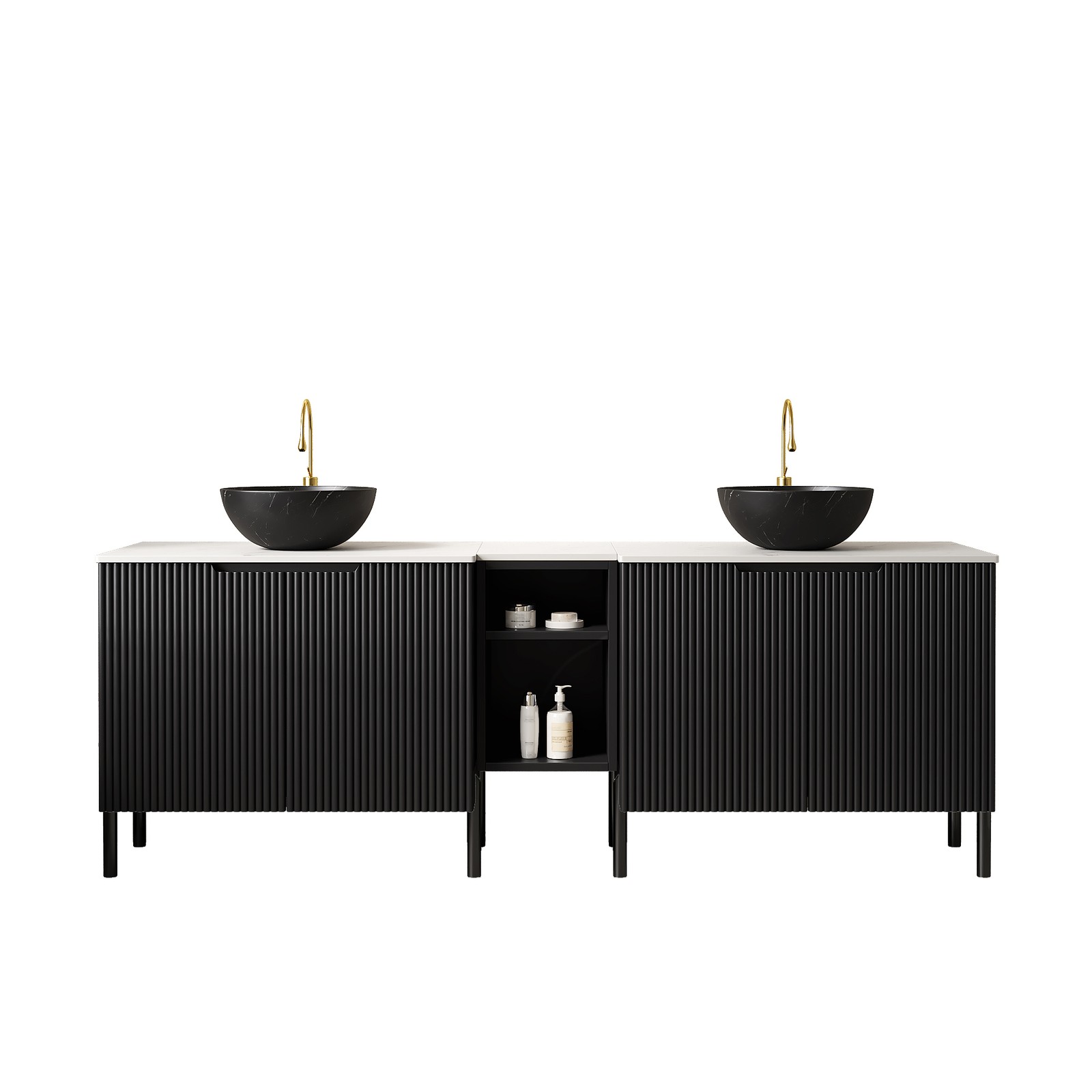 72″ Freestanding Double Bathroom Vanity with Sinks Black Carrara White