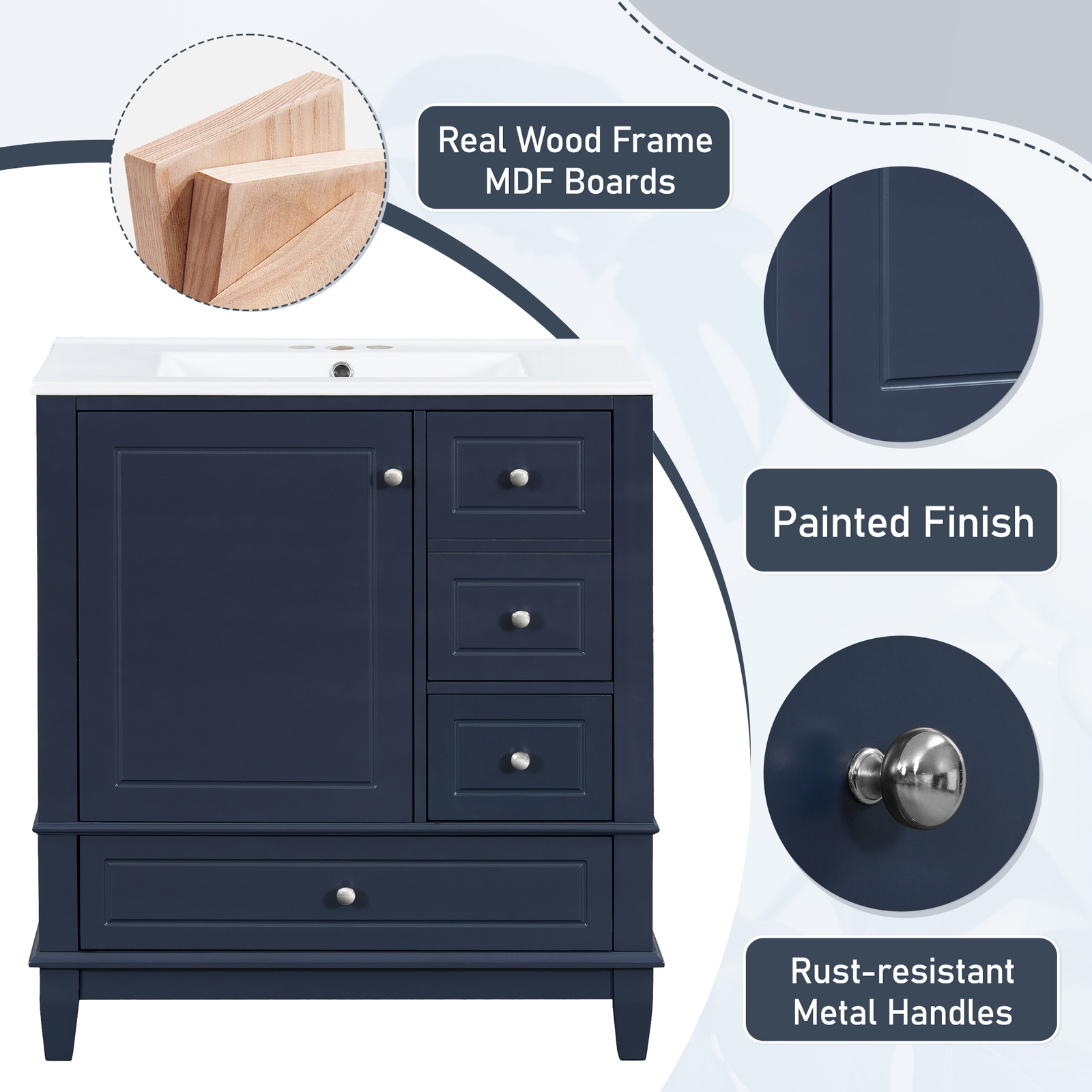 30″ Bathroom Vanity w/Ceramic Sink Freestanding Solid Wood Storage Cabinet Shelf