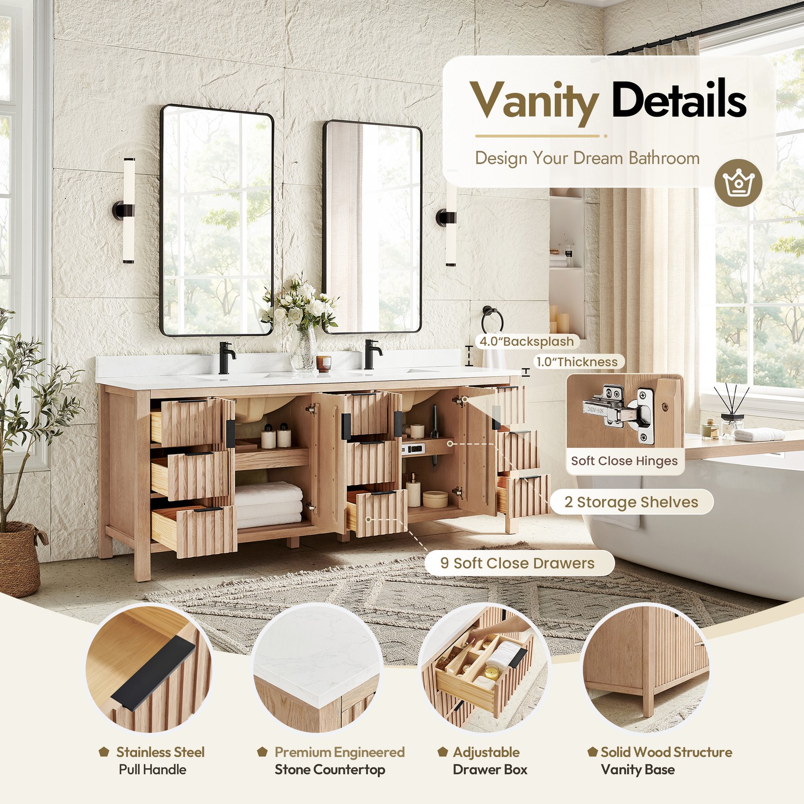 Shenzhen 84″ Double Bath Vanity in Aged Natural Oak with Composite Stone Top