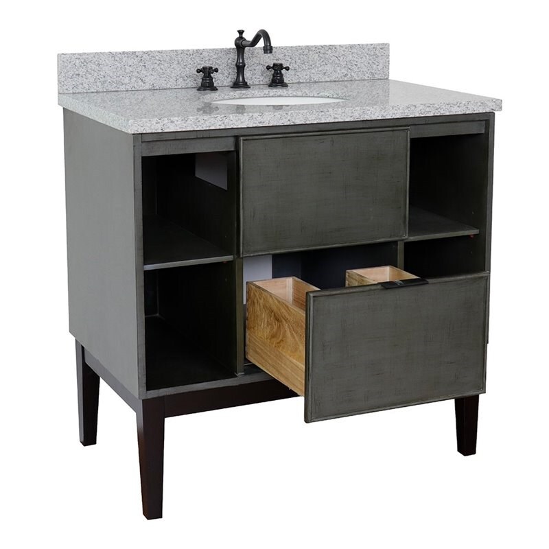 Scandi Oval Sink Solid Wood Vanity with Gray Granite Stone Top in Linen Gray