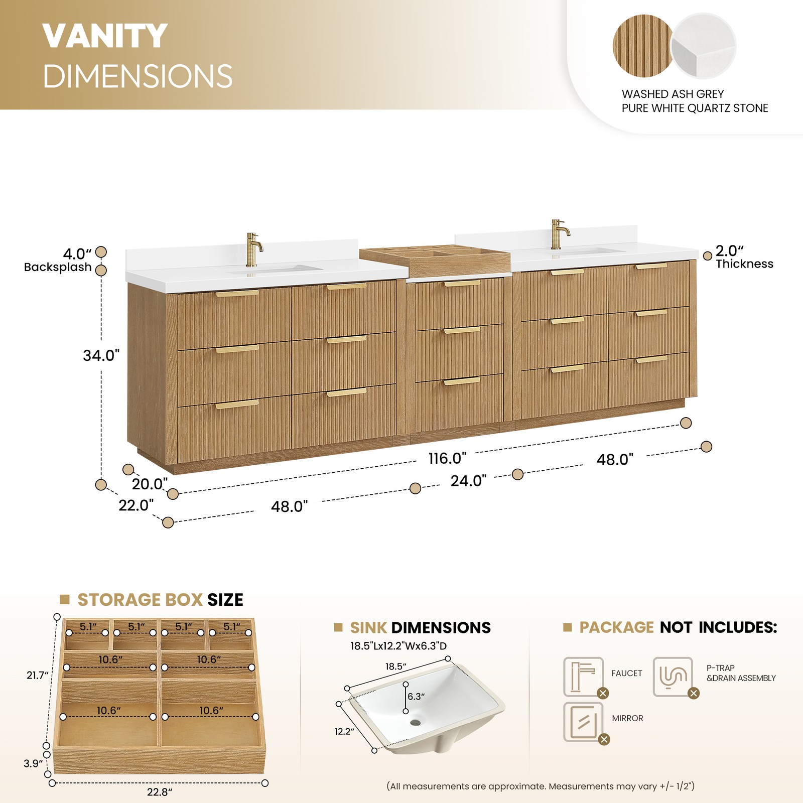 Santarem 120″ Combine Double Vanity in Washed Ash Grey with Quartz Stone Top