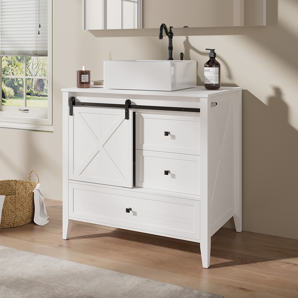 36″ Bathroom Vanity Single Cabinet White Freestanding Drawers w/ Ceramic Sink
