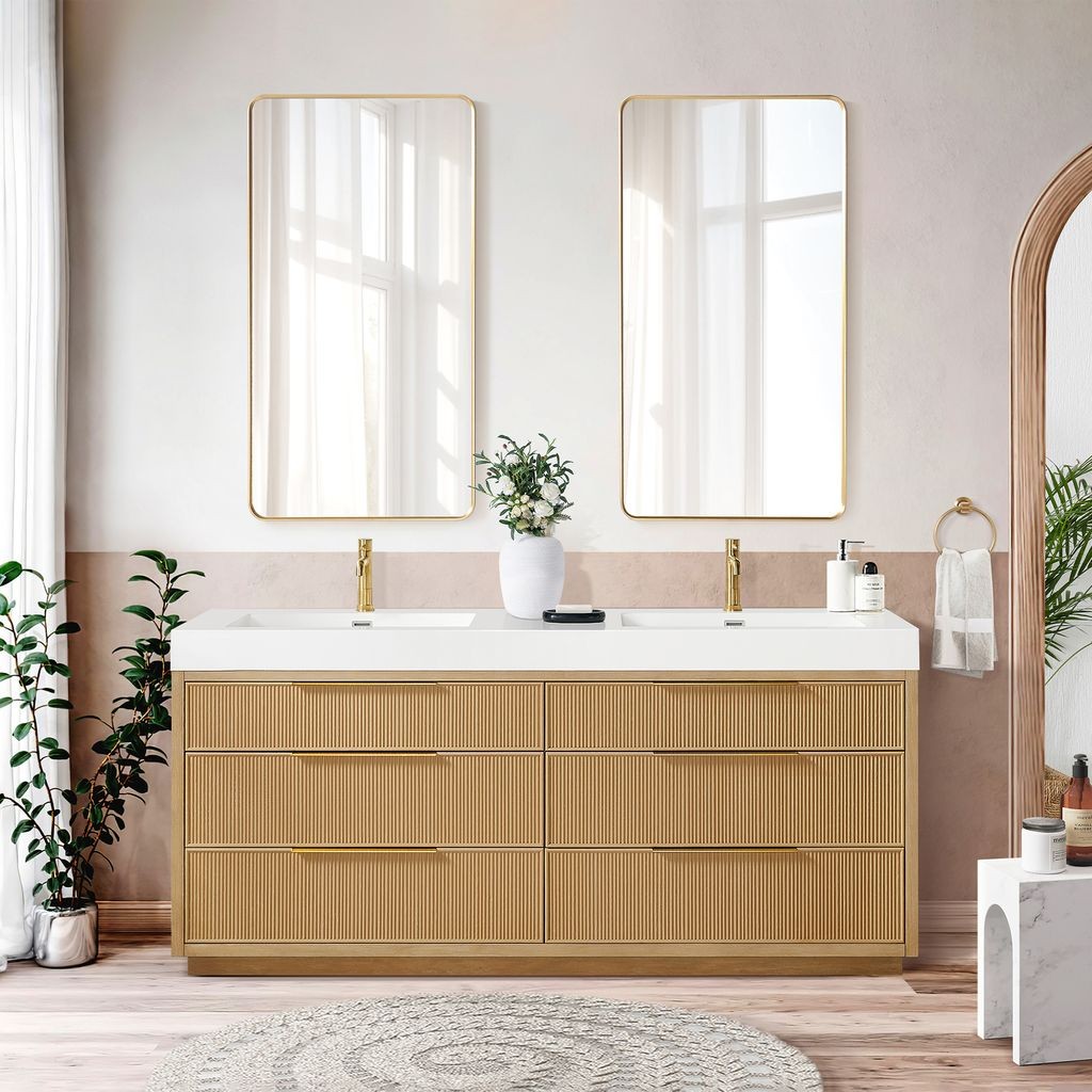 Hohhot 72″ Double Bath Vanity in Washed Ash Grey with White Stone Top