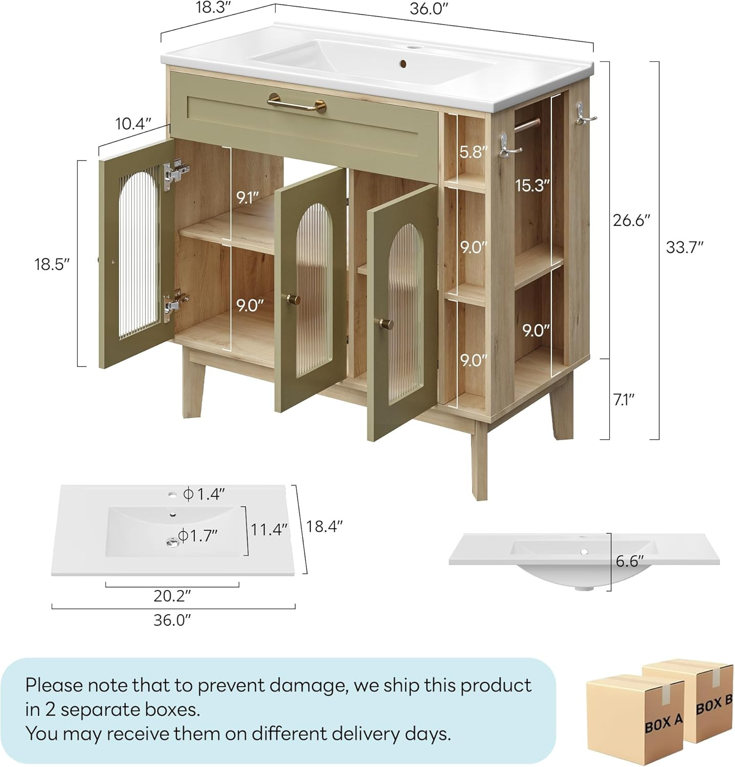 Elegant 36″ Bathroom Vanity with Sink, Glass Doors, Towel Bar & Storage Shelves