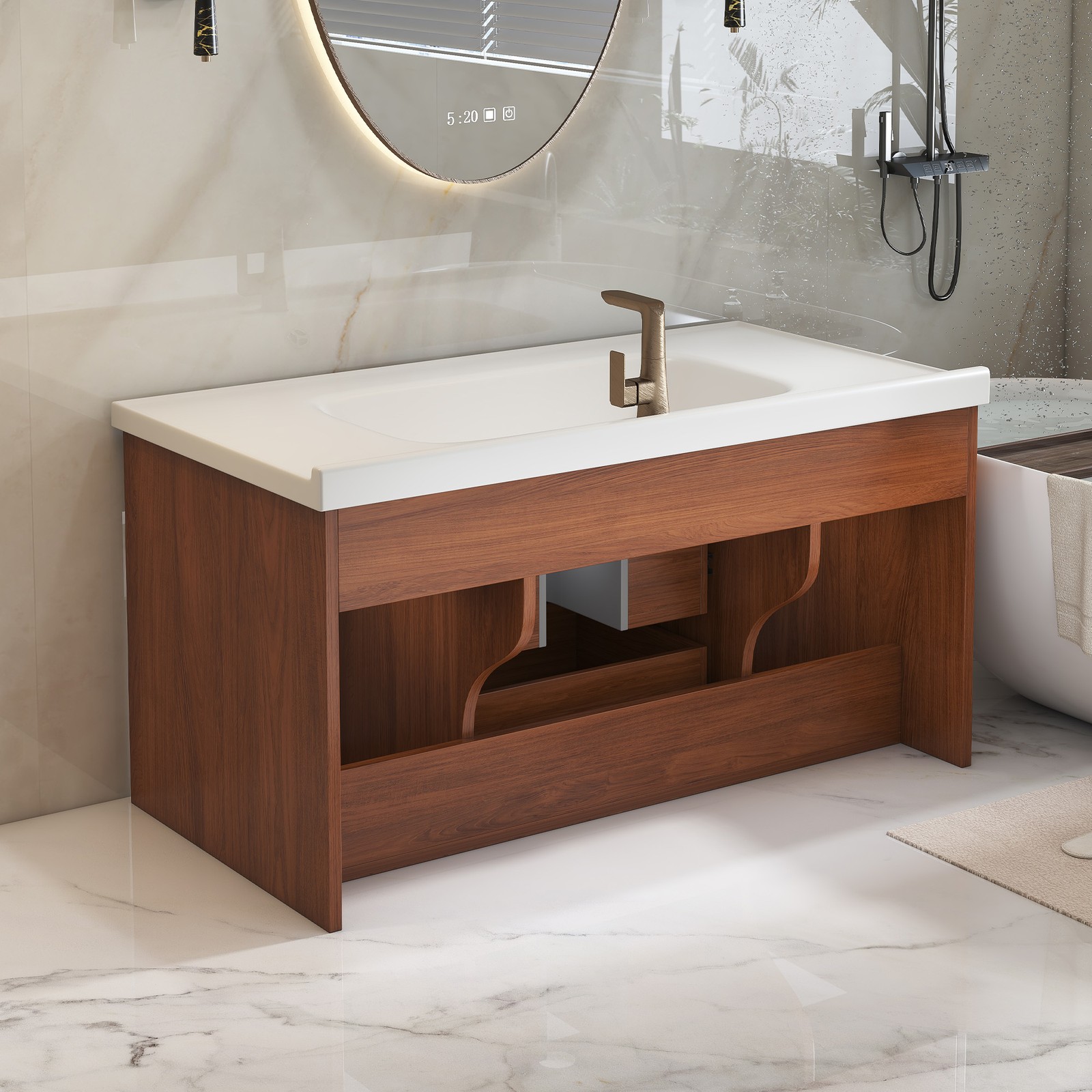 35.4″ Mid-Century Modern Bathroom Vanity with Ceramic Sink White Walnut